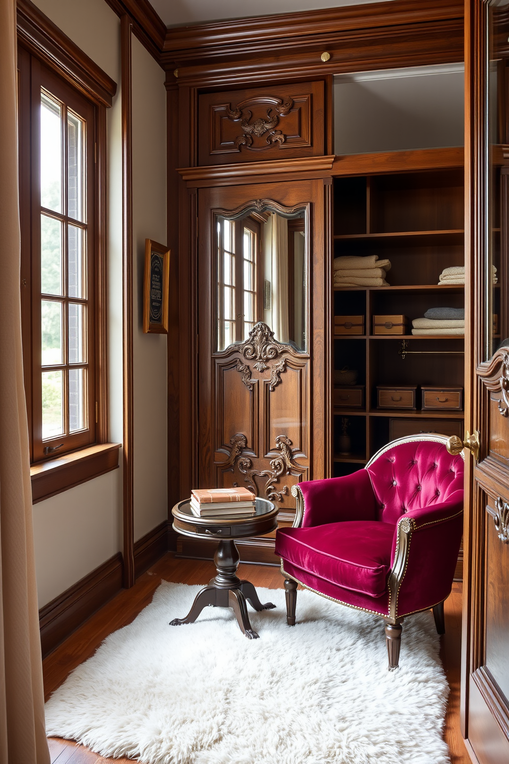 A classic armchair upholstered in rich burgundy velvet sits in a cozy nook by the window. A small round side table made of dark wood complements the armchair, adorned with a stylish lamp and a stack of books. The vintage walk-in closet features ornate wooden shelving and a plush area rug in soft cream. Mirrored sliding doors reflect the elegant design, while antique brass fixtures add a touch of charm.