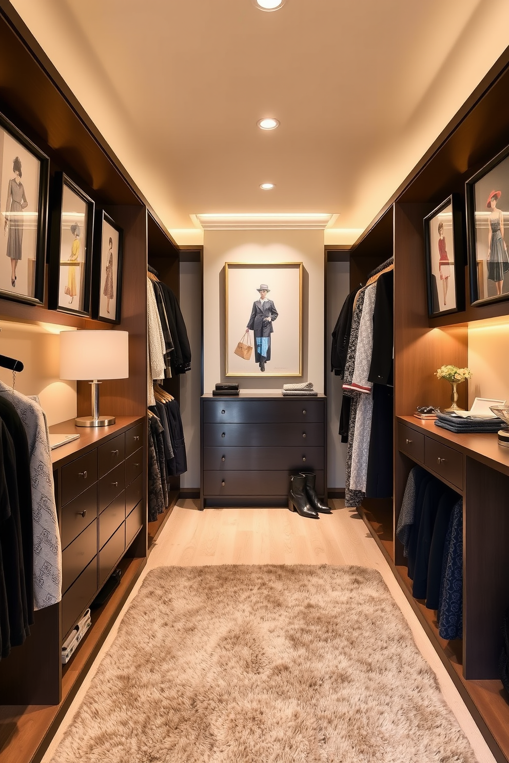 A stylish walk-in closet featuring framed vintage fashion prints adorning the walls. The space is illuminated by soft lighting, showcasing elegant shelving and a plush area rug underfoot.