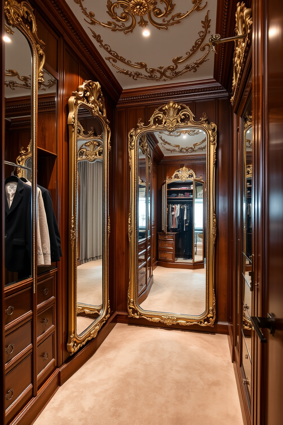 A vintage walk-in closet features ornate mirrors that enhance the sense of space and depth. The design incorporates rich wood paneling and plush carpet, creating a warm and inviting atmosphere. The closet is organized with elegant shelving and hanging space, showcasing a curated collection of fashion. Soft lighting highlights the vintage mirrors, adding a touch of glamour and sophistication to the overall design.