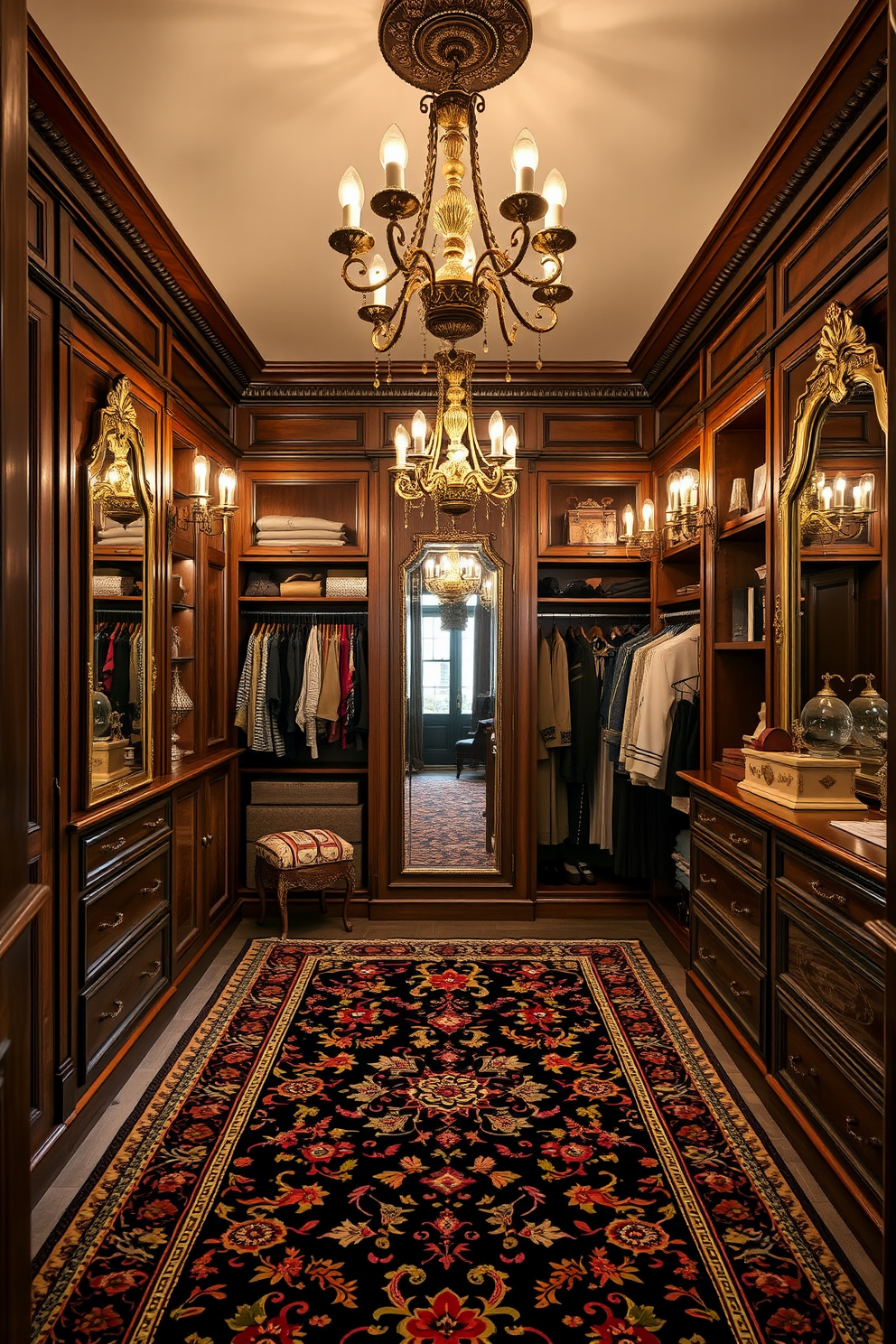 A stunning vintage walk-in closet featuring old-world style chandeliers that cast a warm glow throughout the space. The walls are adorned with rich wood paneling, and the floor is covered with an intricate Persian rug, creating a luxurious atmosphere. The closet is organized with custom shelving and hanging space for clothing, complemented by antique mirrors that enhance the elegance of the design. Decorative elements such as vintage hat boxes and elegant jewelry displays add charm and sophistication to the overall aesthetic.