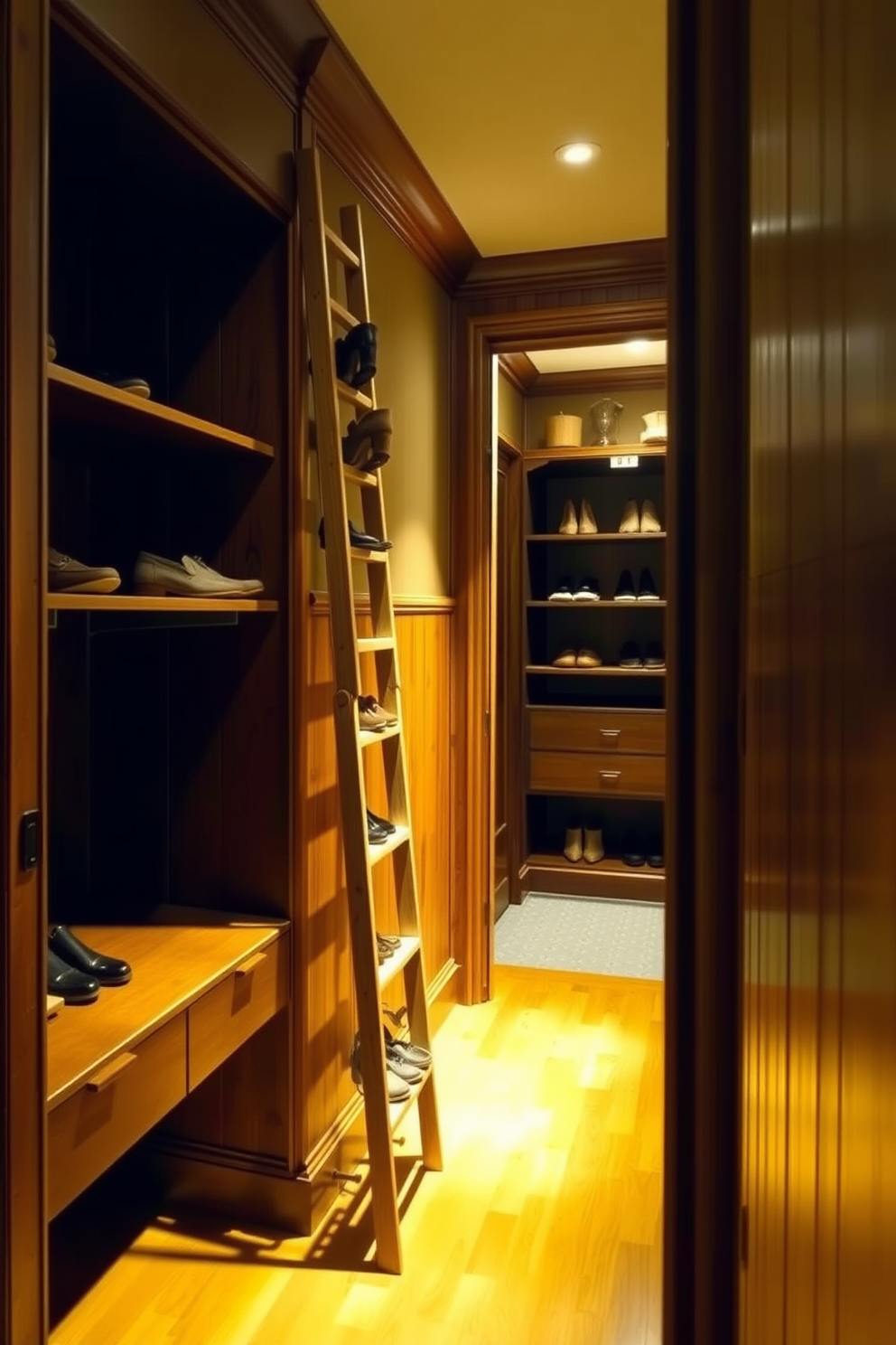 A vintage walk-in closet features a wooden ladder elegantly leaning against the wall, providing an artistic display for shoes. The space is adorned with rich wood paneling and soft ambient lighting, creating a warm and inviting atmosphere.