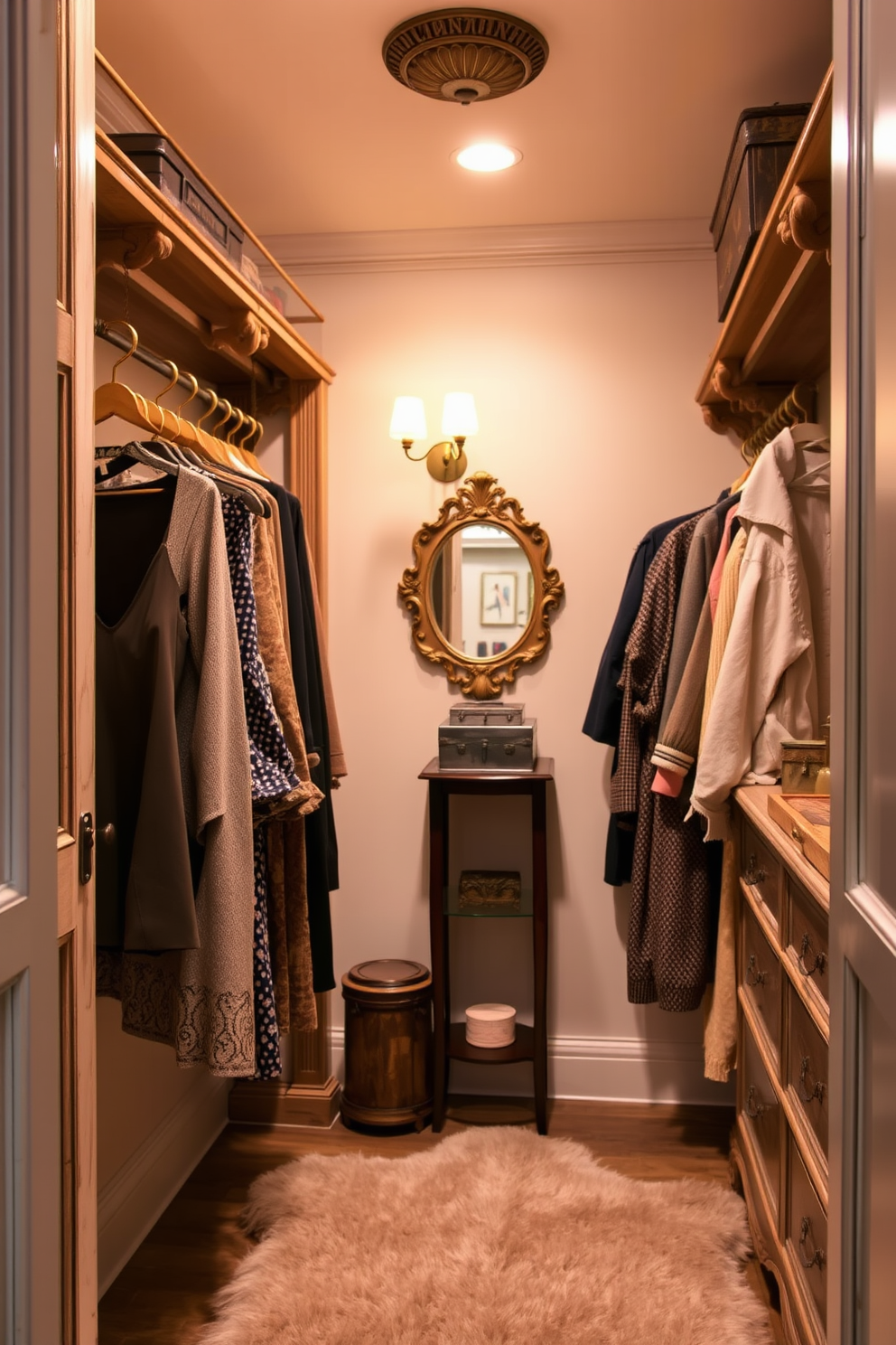 A vintage-inspired walk-in closet features elegant clothing racks made of distressed wood, adorned with ornate brass hooks. Soft ambient lighting highlights the rich textures of the fabrics and creates a warm, inviting atmosphere. The walls are painted in a soft pastel hue, complemented by a plush area rug that adds comfort underfoot. Antique mirrors and decorative accents, such as vintage hat boxes and framed artwork, enhance the overall charm of the space.