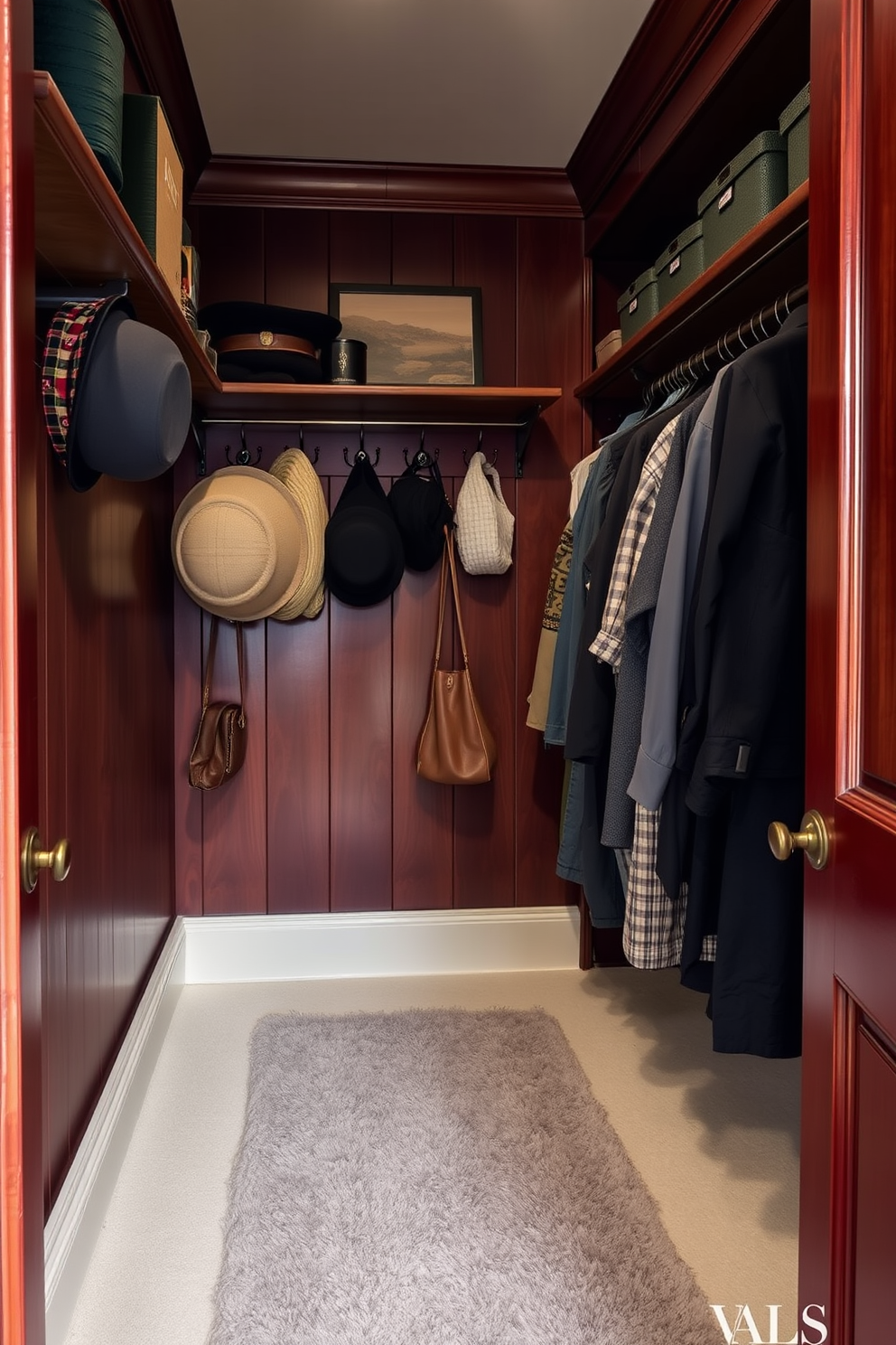 A vintage walk-in closet featuring decorative hooks for hats and bags. The walls are lined with rich mahogany wood, and the floor is covered with a plush area rug in muted tones.