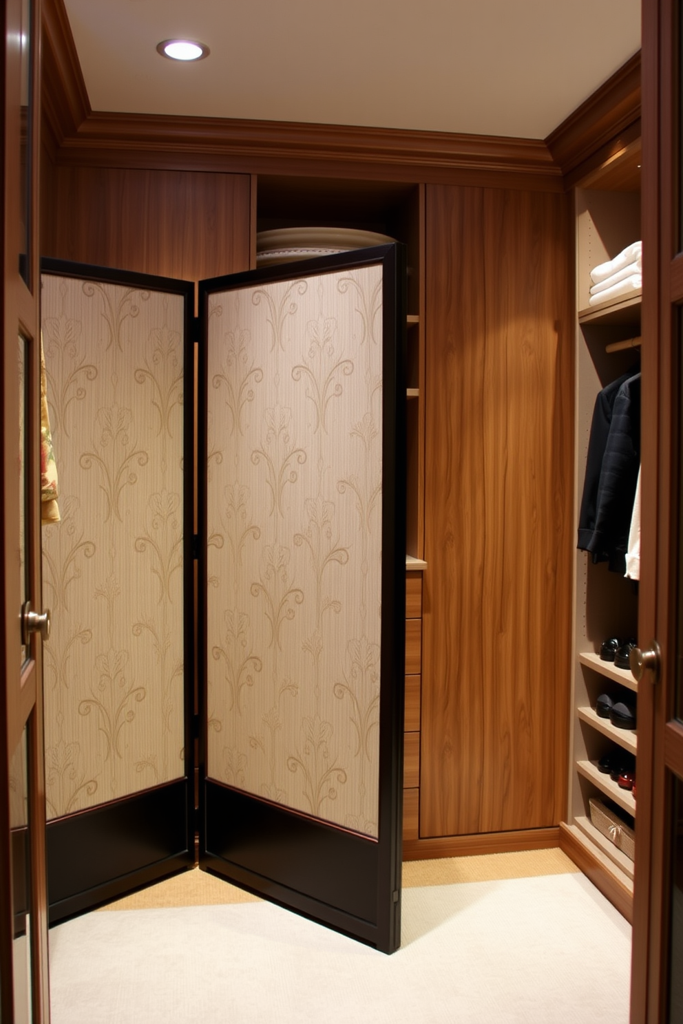 A charming folding screen is positioned elegantly in a spacious walk-in closet, providing a sense of privacy and separation from the main area. The screen features intricate floral patterns in soft pastel colors, complementing the overall decor of the closet. The walk-in closet boasts custom shelving and hanging spaces, designed to maximize storage while maintaining a stylish appearance. Soft ambient lighting illuminates the space, highlighting the rich textures of the fabric and wood finishes throughout the design.