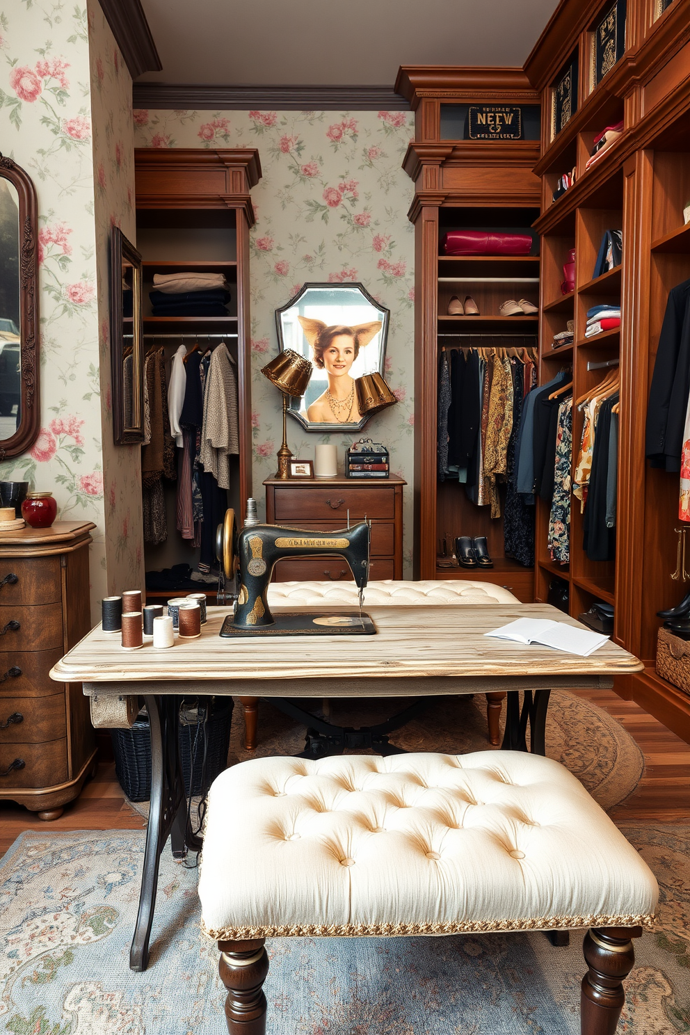 A vintage sewing machine is placed prominently on a distressed wooden table, surrounded by spools of colorful thread and sewing accessories. The backdrop features soft pastel wallpaper with floral patterns, enhancing the nostalgic charm of the space. The walk-in closet is designed with elegant wooden shelving and hanging rods, showcasing an array of designer clothing and accessories. A plush ottoman sits in the center, and warm lighting highlights the rich textures of the fabrics and the overall luxurious ambiance.