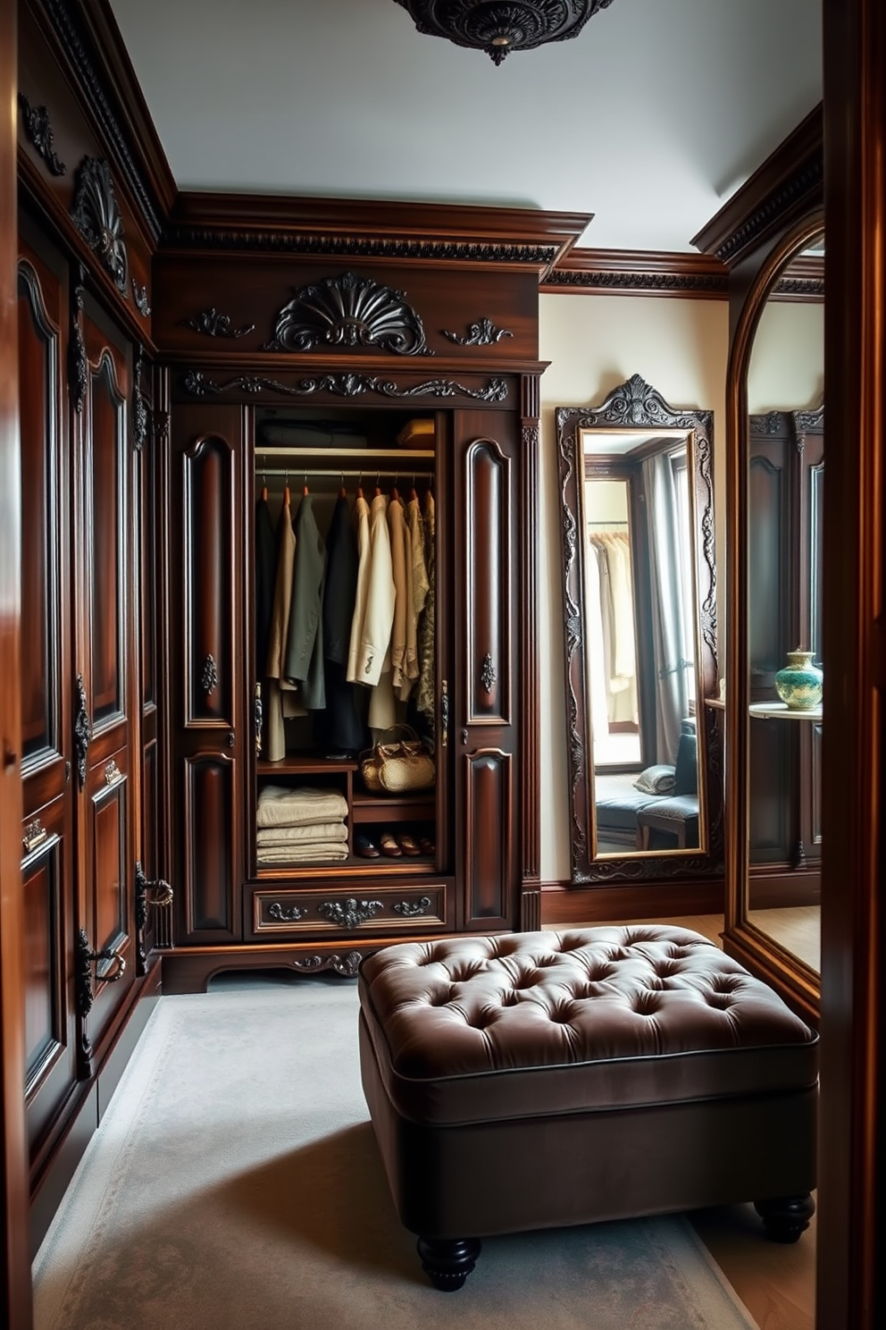 A vintage walk-in closet features an antique wardrobe made of dark wood with intricate carvings. The wardrobe is filled with neatly arranged clothing, and a plush velvet ottoman sits in the center of the room. Soft lighting illuminates the space, highlighting the rich textures of the fabrics and the elegance of the wardrobe. A full-length mirror is positioned against one wall, enhancing the sense of luxury and style.