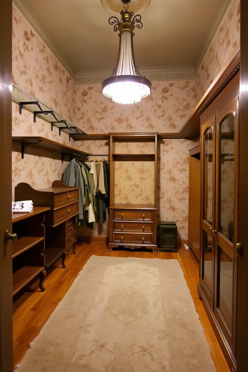 A vintage walk-in closet with soft lighting creates a warm and inviting atmosphere. The walls are adorned with elegant wallpaper featuring floral patterns, and the floor is covered in a plush area rug for added comfort. Antique wooden shelving and hanging rods provide ample storage space for clothing and accessories. A vintage chandelier hangs from the ceiling, casting a gentle glow over the entire space.