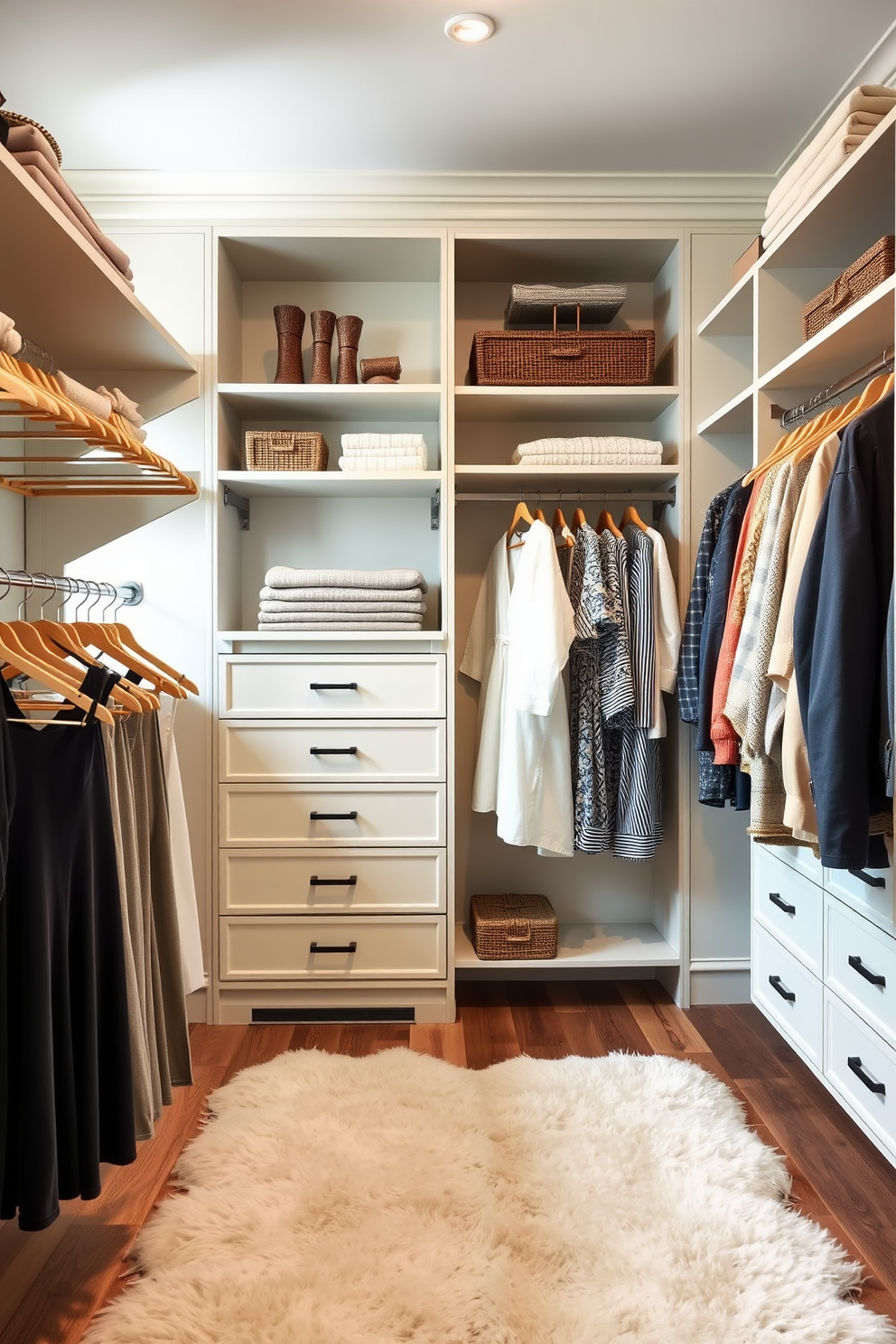 A vintage walk-in closet design featuring soft pastel colors on the walls and shelving. Elegant wooden hangers display a variety of clothing, while a plush area rug in a light hue adds warmth to the space.