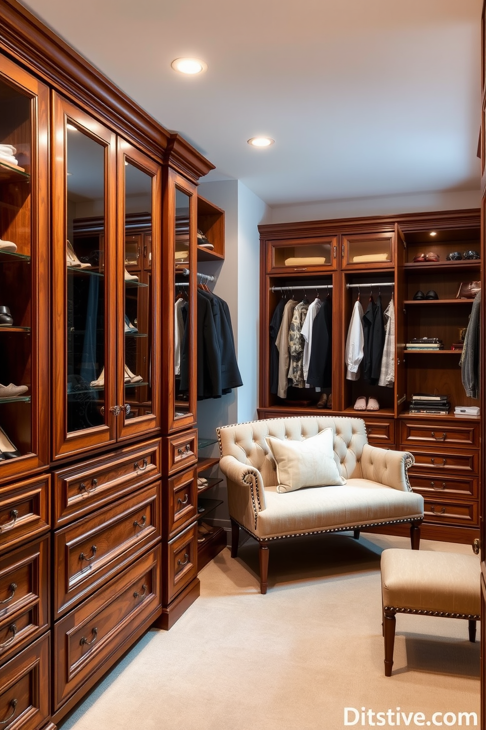 Custom cabinetry with vintage finishes creates a warm and inviting atmosphere in a walk-in closet. The rich wood tones and intricate details of the cabinetry complement the soft lighting, enhancing the elegance of the space. The closet features ample storage options, including shelves and drawers that showcase an organized display of shoes and accessories. A plush seating area is included, providing a comfortable spot to relax while selecting outfits.