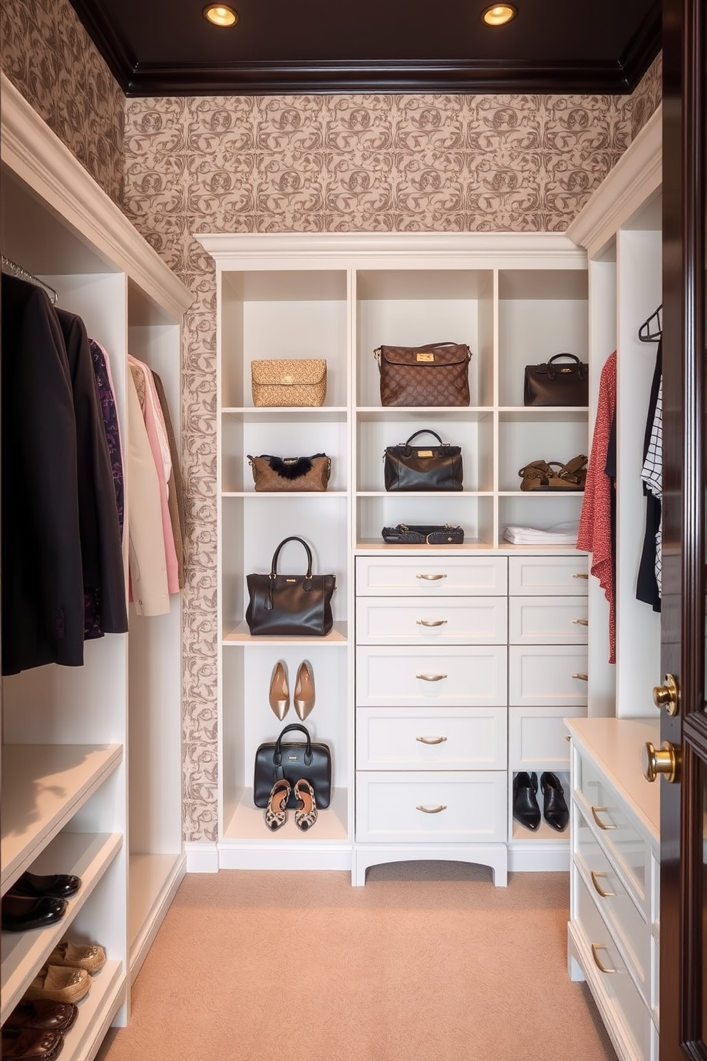 A chic walk-in closet featuring patterned wallpaper that adds character and style. The space is filled with elegant shelving and hanging options, showcasing a curated collection of designer handbags and shoes.