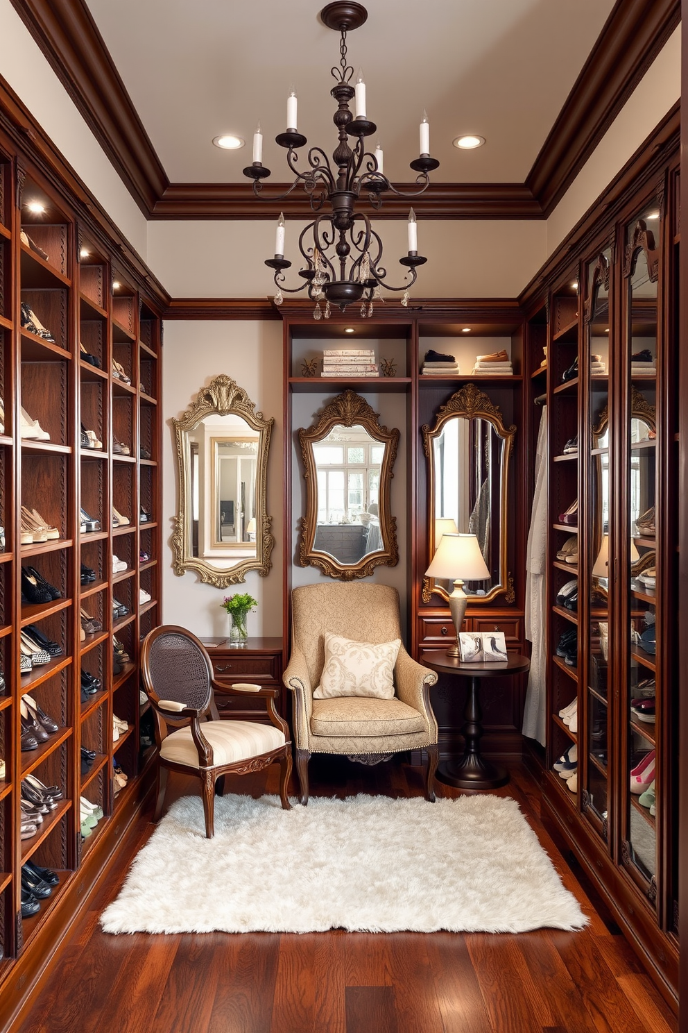 Classic wooden shelving for warmth. The shelves are made of rich mahogany with intricate carvings, displaying an array of neatly organized shoes and accessories. The closet features a plush area rug in a soft cream color, adding comfort underfoot. Ambient lighting highlights the elegant details, creating a cozy and inviting atmosphere. Vintage walk-in closet design ideas. The space includes a chandelier that adds a touch of glamour, paired with antique-style mirrors reflecting the beauty of the room. A cozy reading nook is integrated into the design, complete with a vintage armchair and a small side table for personal items. Soft pastel colors on the walls enhance the nostalgic feel, making it a perfect retreat.