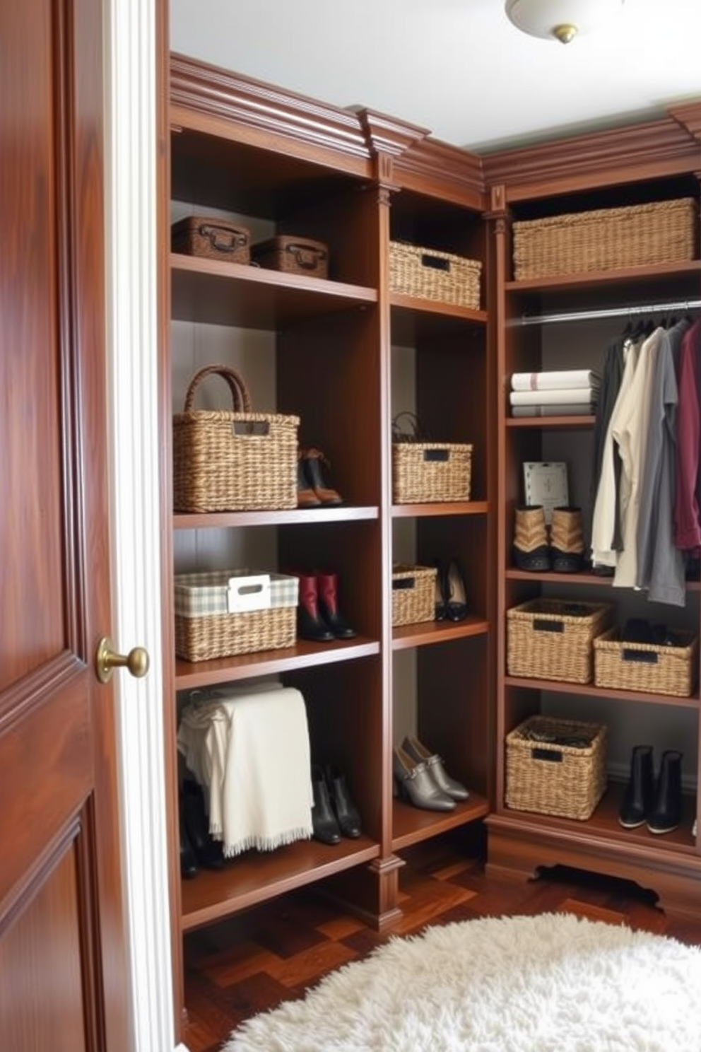 A vintage walk-in closet features elegant wooden shelving and a plush area rug that adds warmth. Woven baskets are strategically placed on the shelves, providing stylish storage for accessories and shoes.