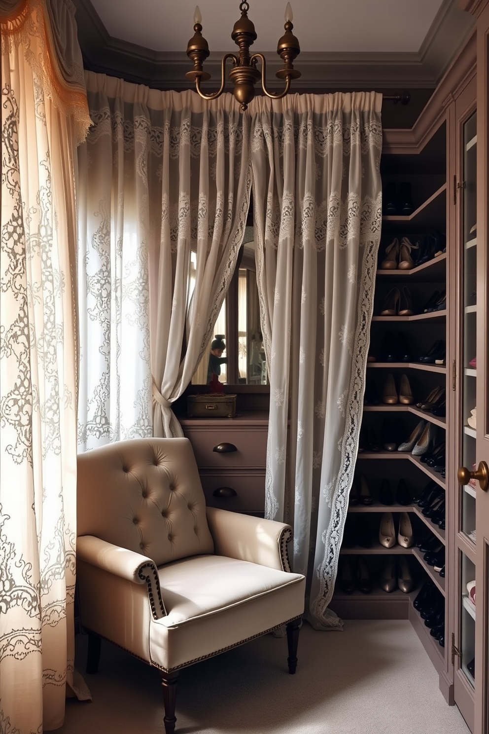 A vintage walk-in closet design featuring elegant lace curtains that softly filter light to create a romantic ambiance. The space includes a plush armchair in one corner and beautifully organized shelves filled with shoes and accessories, all adorned with antique-style fixtures.