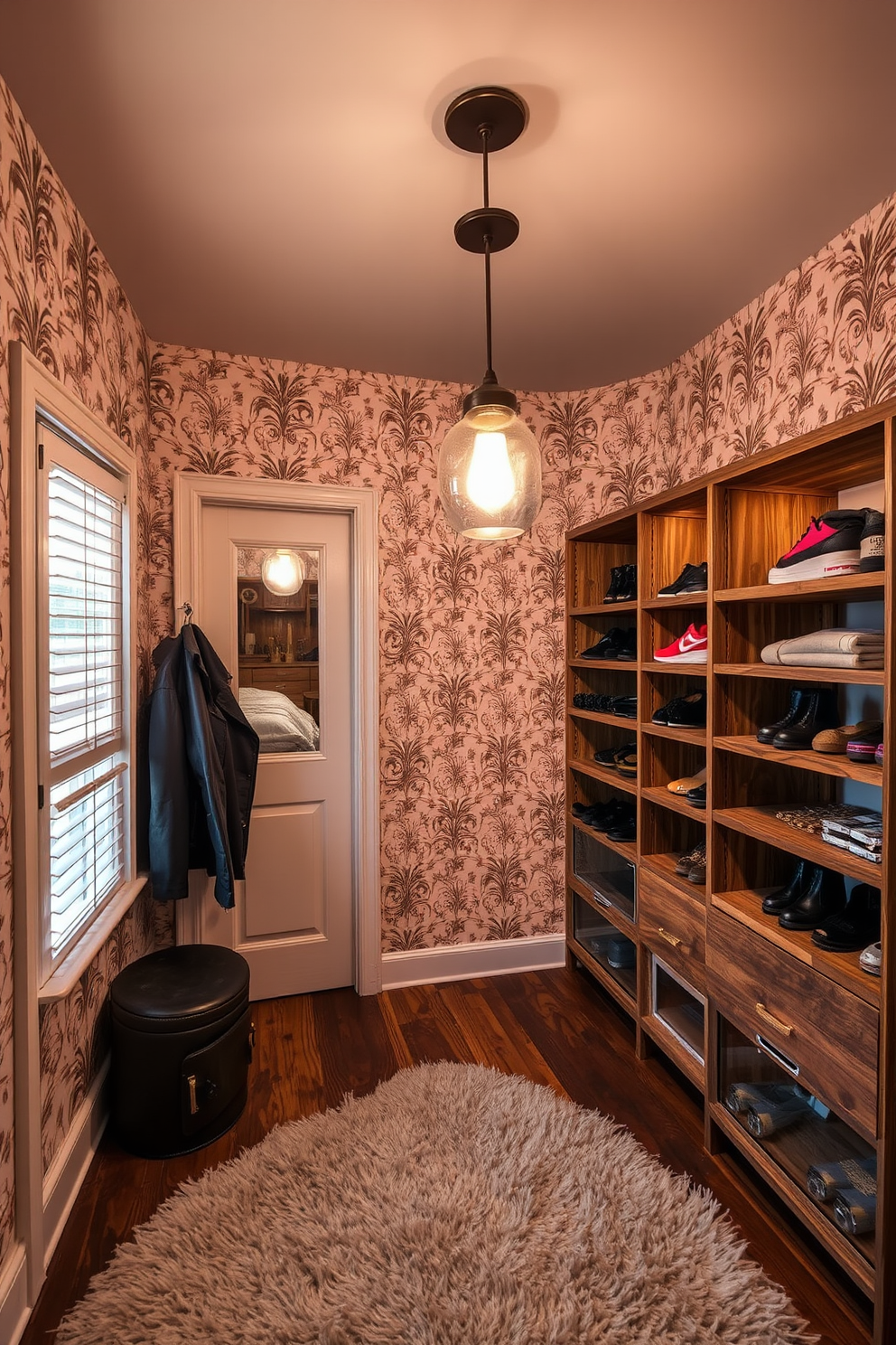 A retro light fixture hangs from the ceiling, casting a warm glow throughout the space. The walls are adorned with vintage wallpaper, creating a cozy and inviting atmosphere. The walk-in closet features custom shelving made from reclaimed wood, providing ample storage for shoes and accessories. A plush area rug lies underfoot, adding comfort and style to the dressing area.