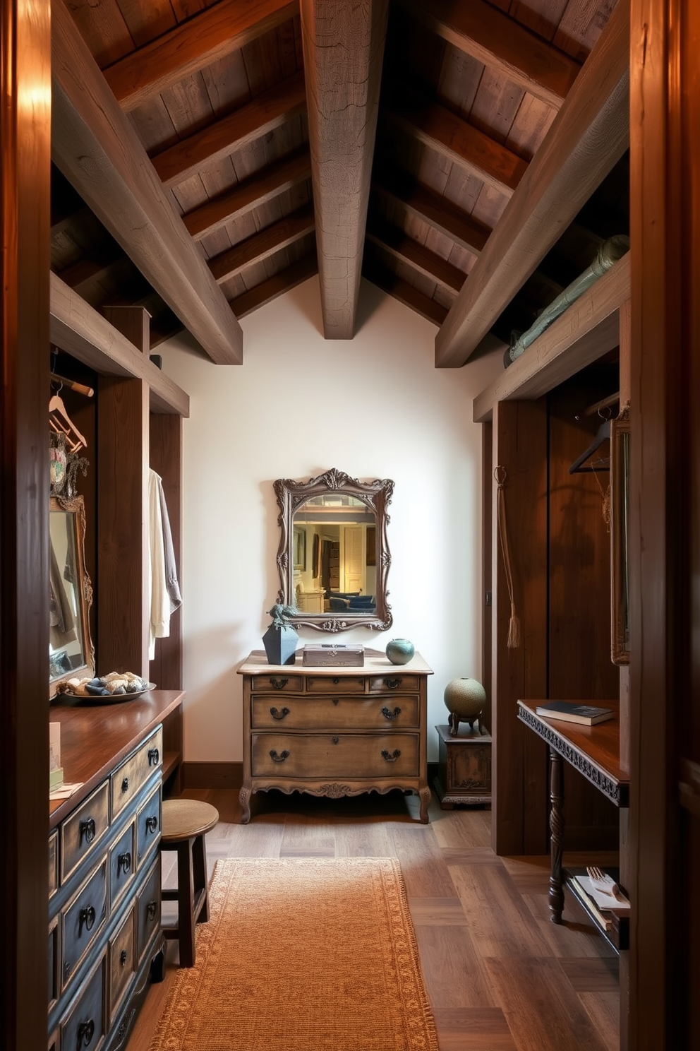 A rustic walk-in closet features charming wooden beams that create a warm and inviting atmosphere. The space is adorned with vintage furniture pieces, including a distressed wooden dresser and an antique mirror, enhancing its character and style.