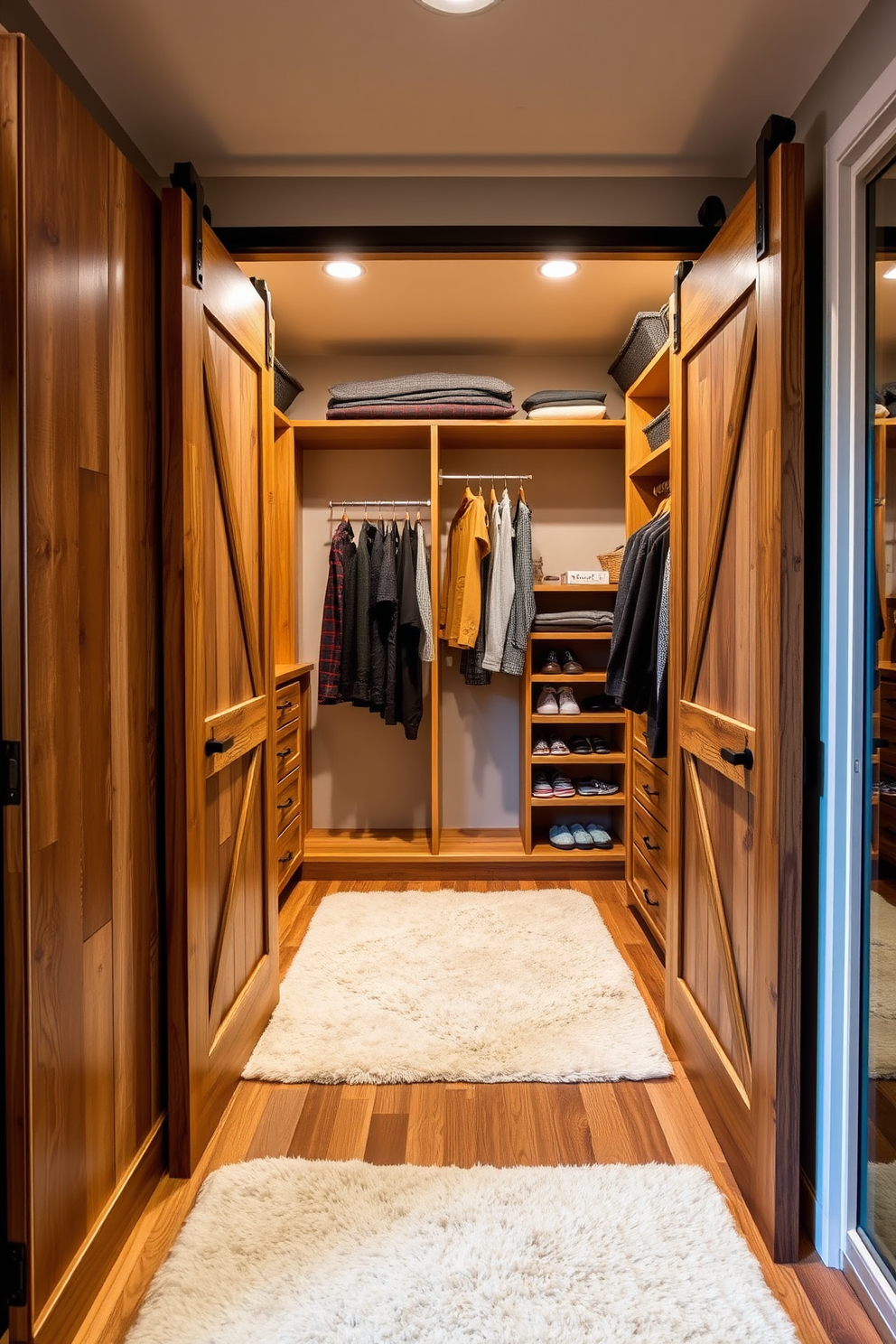 A spacious walk-in closet featuring sliding barn doors made of reclaimed wood for a rustic feel. Inside, custom shelving and hanging rods are arranged to maximize storage, while a plush area rug adds warmth and comfort underfoot.