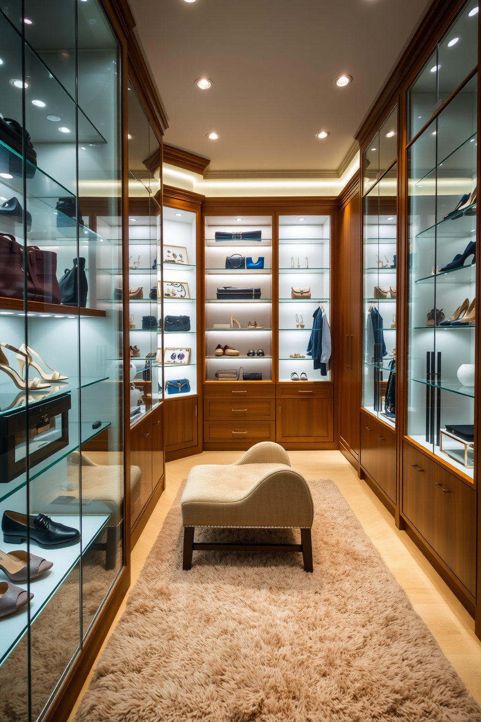 A luxurious walk-in closet features elegant glass display cases for accessories, allowing for a stylish presentation of shoes, bags, and jewelry. The space is adorned with soft lighting that highlights the intricate details of the accessories while creating a warm and inviting atmosphere. Rich wooden cabinetry lines the walls, providing ample storage and organization for clothing and personal items. A plush area rug adds comfort underfoot, and a chic seating area invites relaxation while choosing outfits.