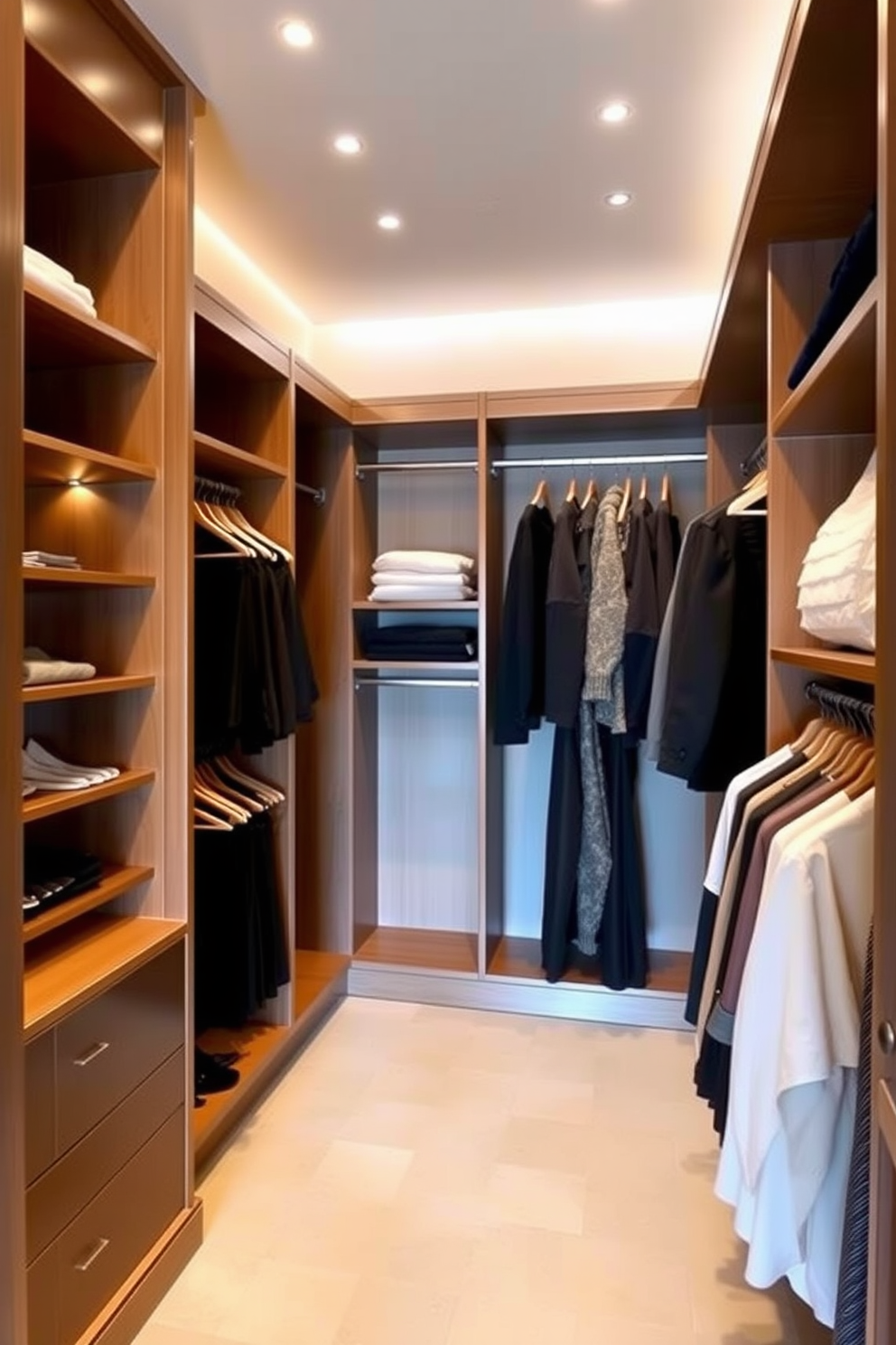 A luxurious walk-in closet featuring multi-tiered hanging rods for versatile storage options. The walls are lined with elegant shelving, and soft lighting creates a warm ambiance throughout the space.