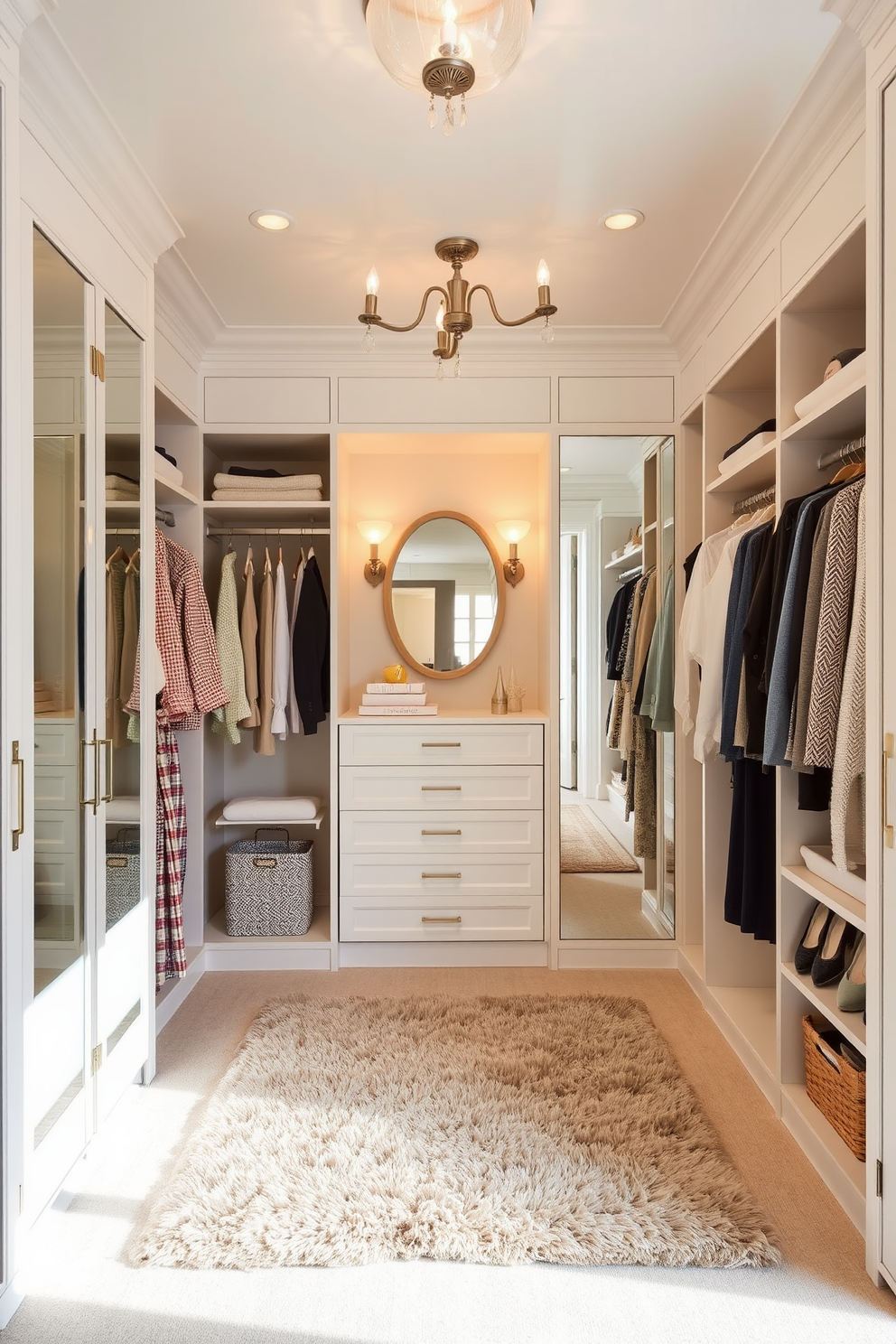 A walk-in closet designed with soft neutral colors creates a calming atmosphere. The space features custom shelving and hanging rods, with a plush area rug underfoot for added comfort. Large mirrors are strategically placed to enhance the light and openness of the area. Elegant lighting fixtures provide a warm glow, accentuating the serene color palette and beautifully organized accessories.