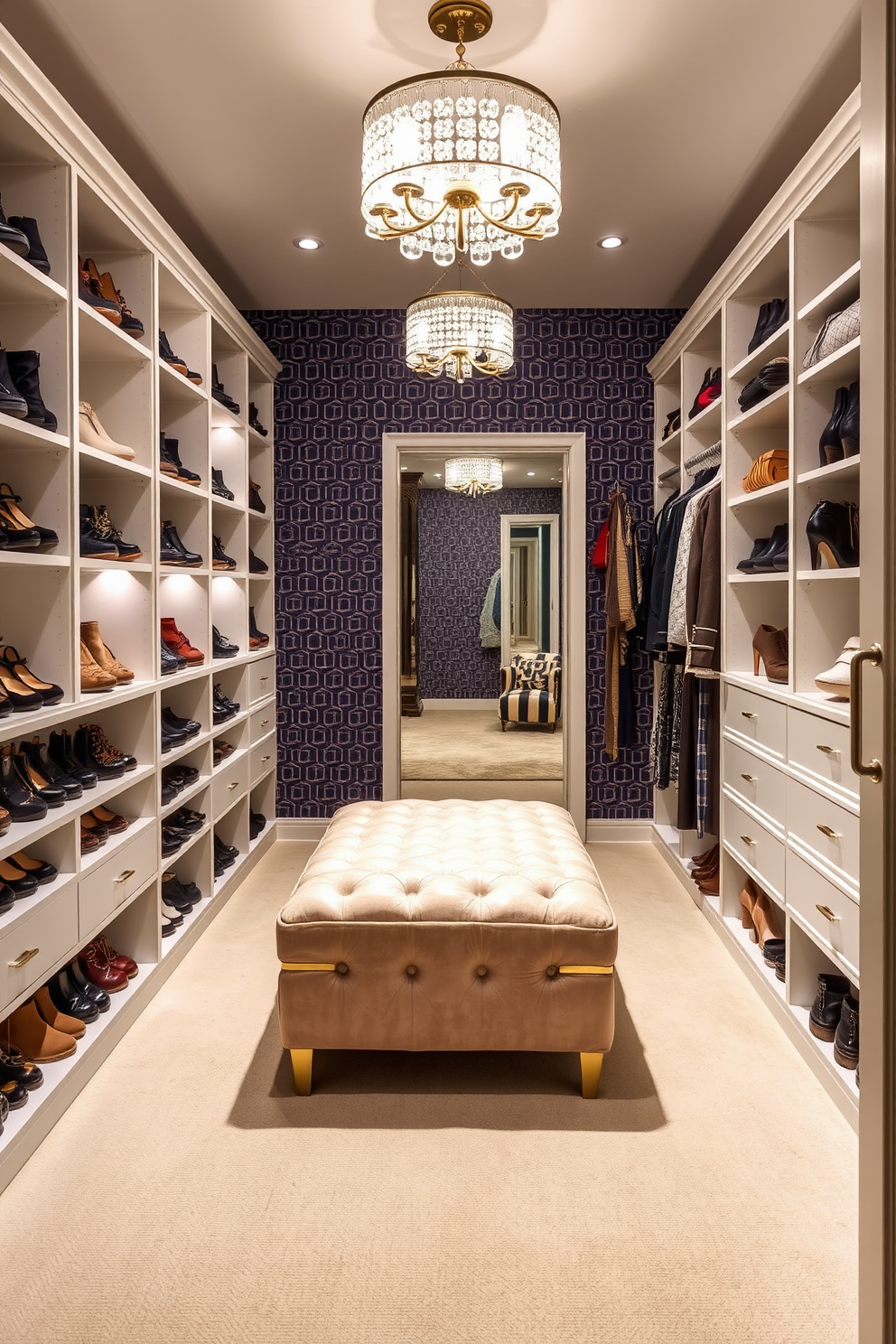 A chic walk-in closet featuring accent wallpaper that adds a vibrant touch. Shelving units are lined with neatly arranged shoes and accessories, while a plush ottoman sits in the center for comfort. The walls are adorned with a bold geometric pattern, creating a striking backdrop. Elegant lighting fixtures illuminate the space, enhancing the overall luxury of the design.