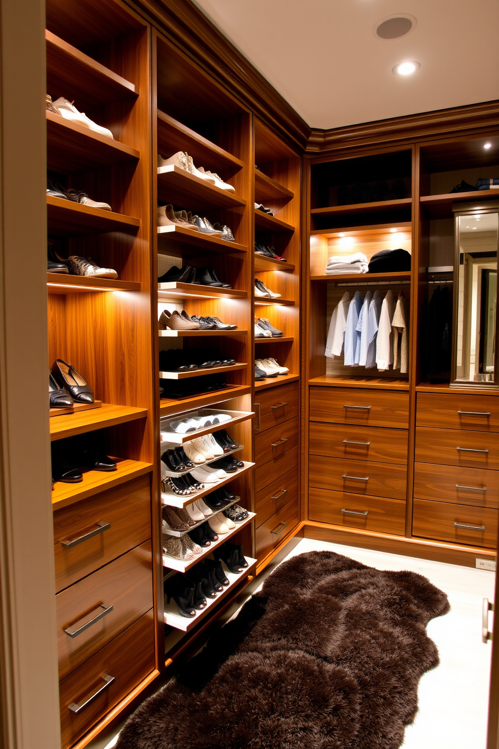 A luxurious walk-in closet featuring pull-out shoe racks for easy access. The racks are elegantly integrated into custom cabinetry with ample storage for shoes and accessories. The closet is illuminated by soft, ambient lighting that highlights the rich wood tones of the shelves. A plush area rug adds warmth to the space, while a full-length mirror enhances the sense of openness.