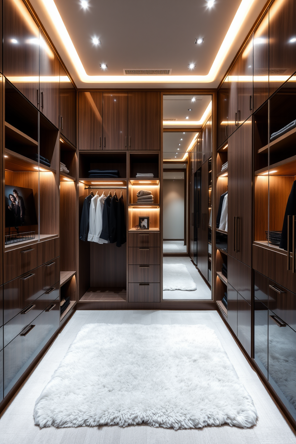 A luxurious walk-in closet featuring hidden compartments for discreet storage. The design includes sleek cabinetry with integrated pull-out drawers and shelves that maximize space while maintaining a clean aesthetic. Soft ambient lighting illuminates the closet, highlighting the rich textures of the materials used. A plush area rug adds warmth, while a full-length mirror enhances the sense of space and elegance.