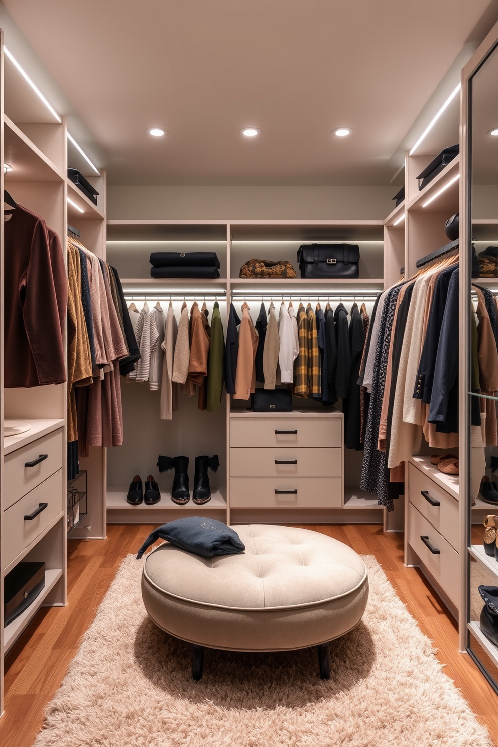 Luxe velvet hangers create a chic and sophisticated atmosphere in your walk-in closet. The closet features custom shelving and soft ambient lighting that highlights the elegant arrangement of clothes and accessories. The walls are adorned with a soft neutral color, providing a calming backdrop for the curated wardrobe. A plush area rug adds warmth underfoot, while a stylish ottoman offers a comfortable spot for dressing.