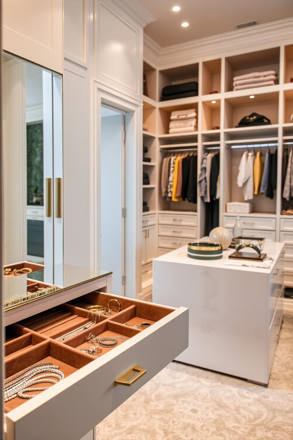 A dedicated jewelry drawer features elegant organizers designed to keep each piece in its place. The drawer is lined with soft velvet to protect the jewelry and includes compartments for rings, necklaces, and bracelets. The walk-in closet is spacious and well-lit, with built-in shelving and hanging rods for clothing. A central island adds functionality with additional storage and a chic display area for accessories.