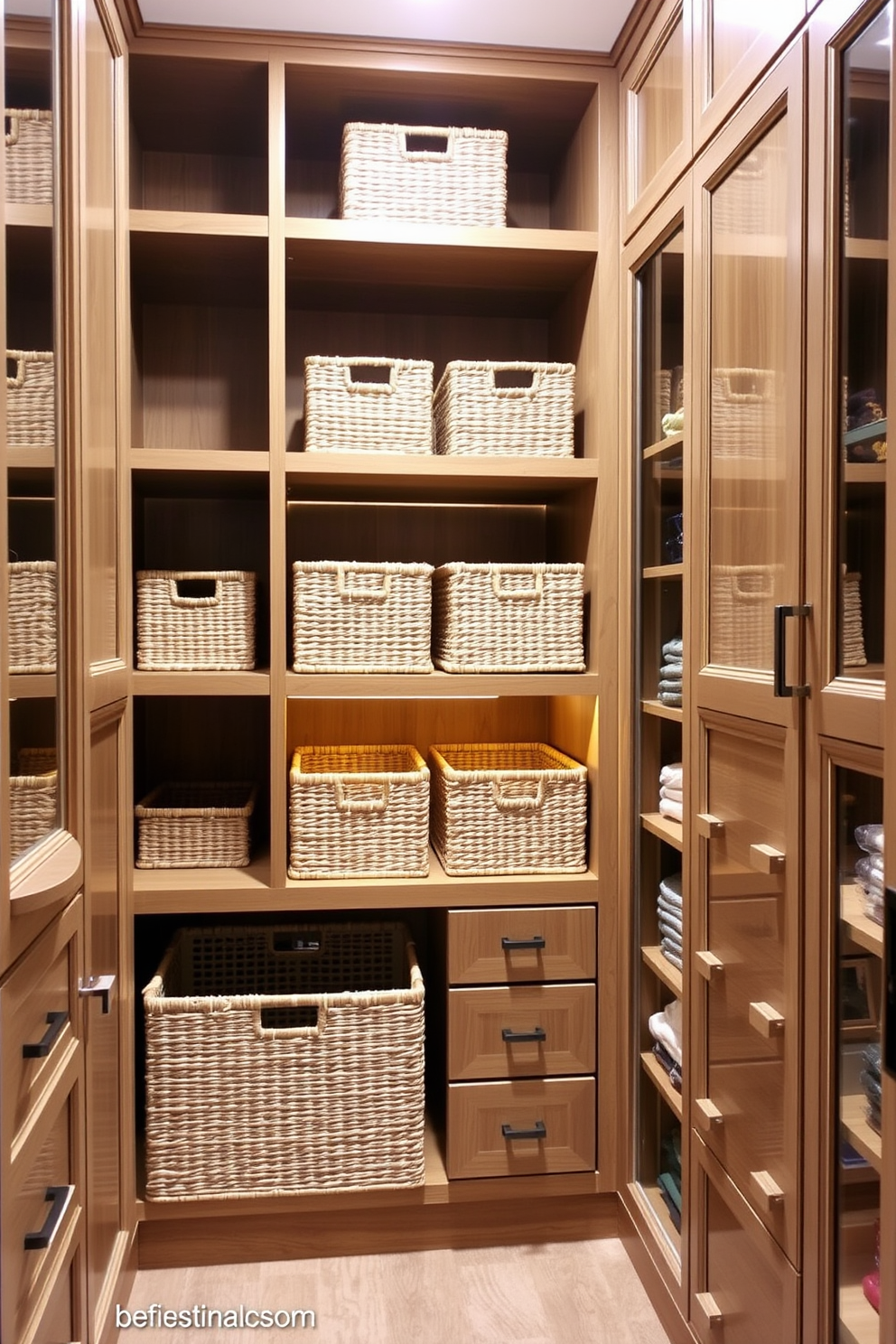 Seasonal storage bins for off-season items. The bins are made of woven natural fibers and are neatly arranged on wooden shelves in a well-lit corner of the room. Walk-In-Closet Design Ideas. The closet features custom cabinetry with a mix of open shelving and closed drawers, illuminated by soft LED lighting for a luxurious feel.