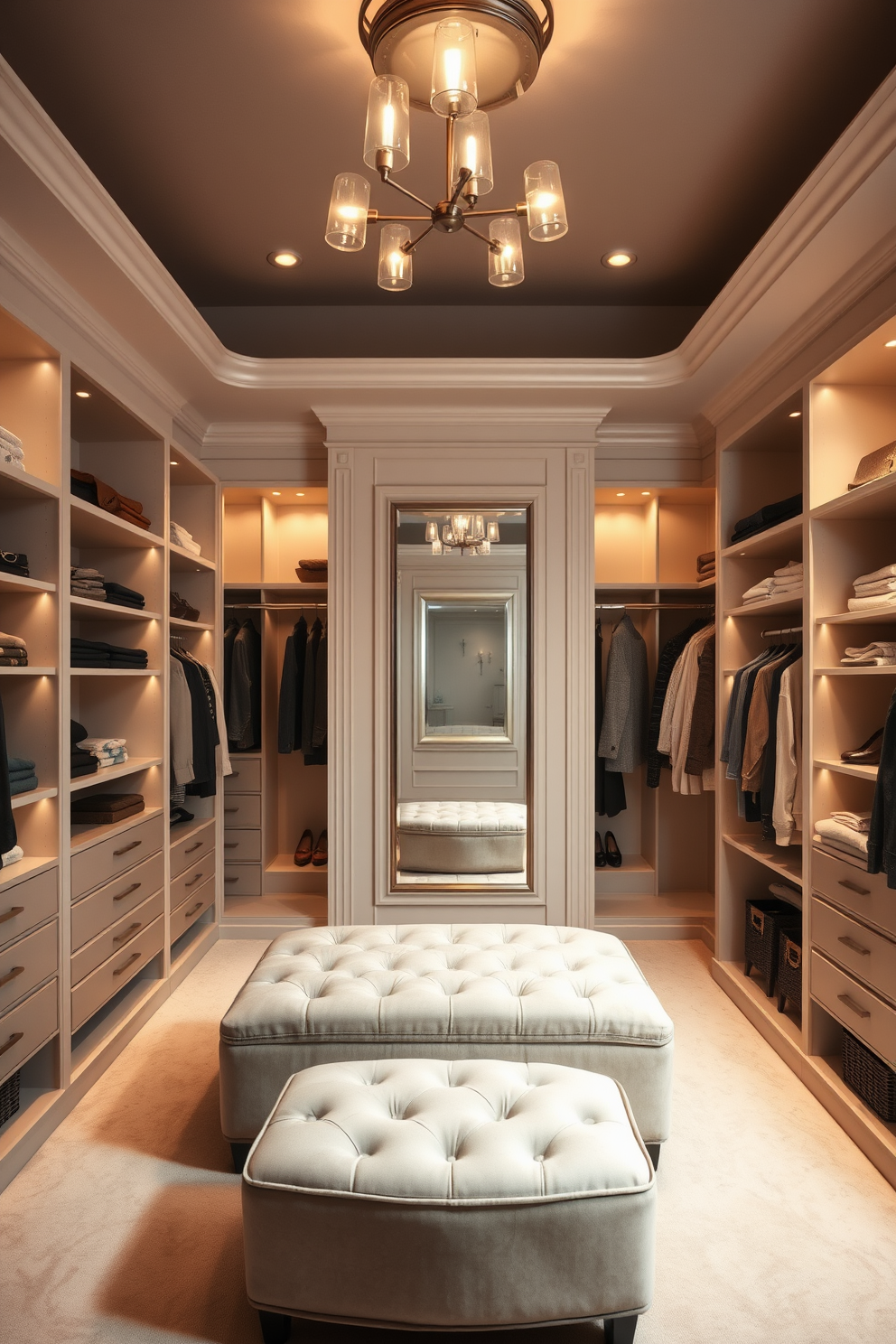 A spacious walk-in closet featuring elegant lighting that enhances visibility. The closet is equipped with custom shelving, a plush ottoman in the center, and a large mirror reflecting the organized space. Soft, warm light fixtures are strategically placed to highlight clothing and accessories. The walls are painted in a soft neutral tone, creating a serene atmosphere that complements the luxurious design.