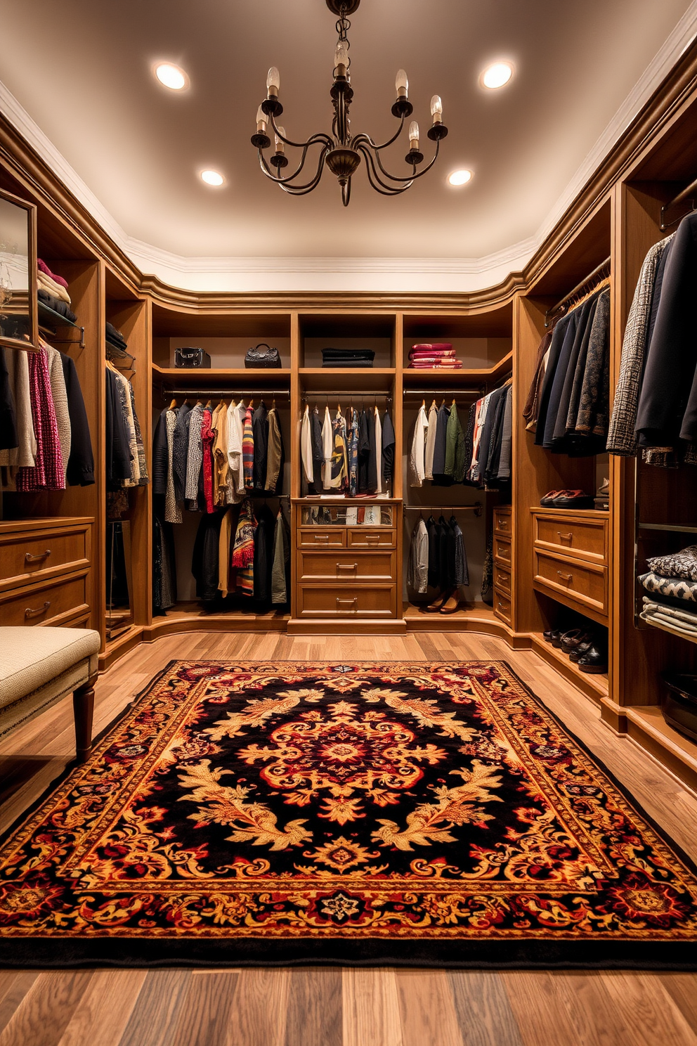 A stylish area rug is placed in the center of the room, featuring intricate patterns and rich colors that complement the surrounding decor. The soft texture adds warmth and comfort underfoot, enhancing the overall ambiance of the space. The walk-in closet boasts custom shelving and hanging options, maximizing storage while maintaining an organized appearance. Soft lighting highlights the elegant finishes and creates a welcoming atmosphere for selecting outfits.