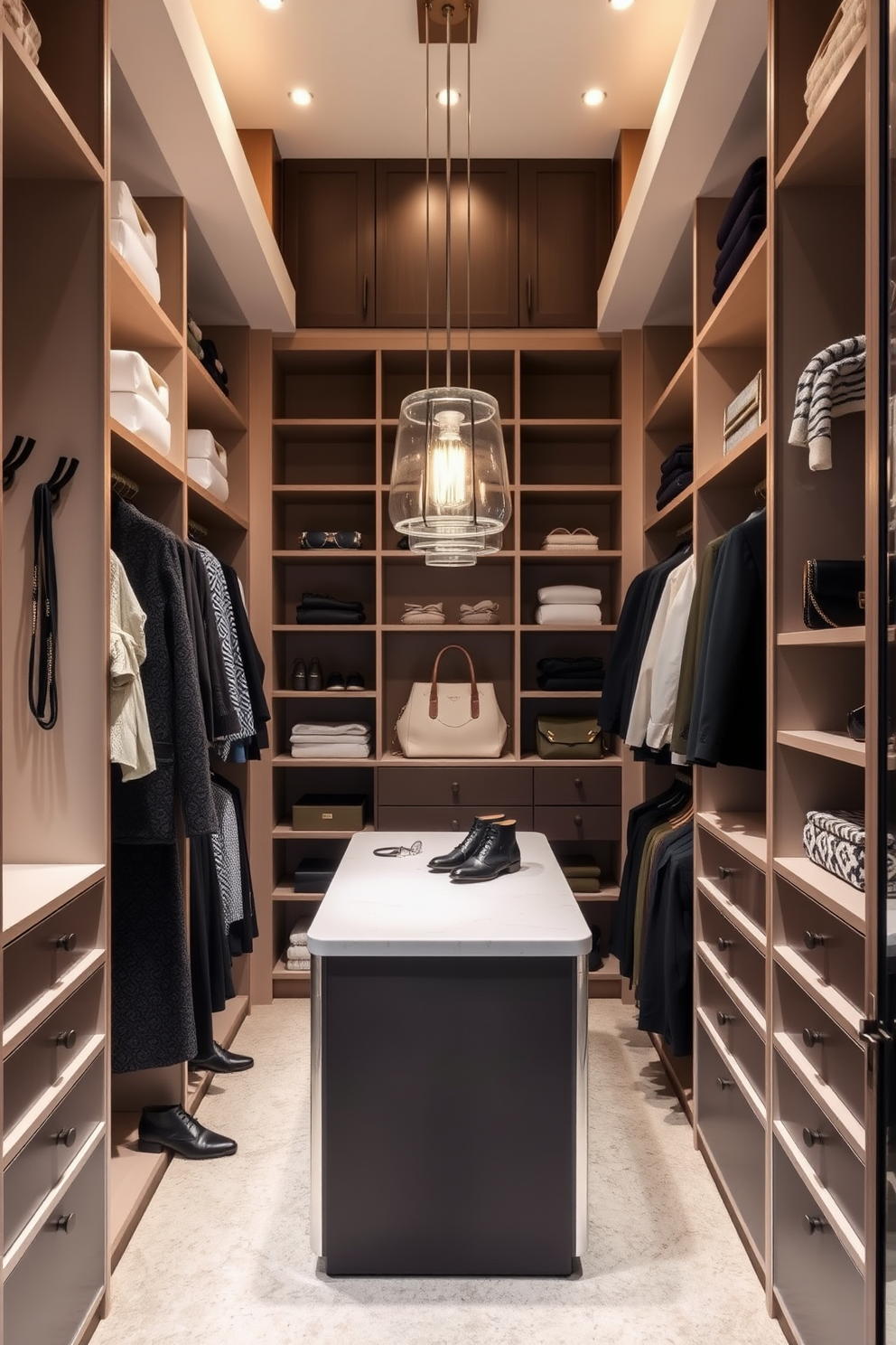 A stylish walk-in closet featuring wall-mounted hooks for quick access items. The space is designed with ample shelving and a central island for accessories, illuminated by elegant pendant lighting.