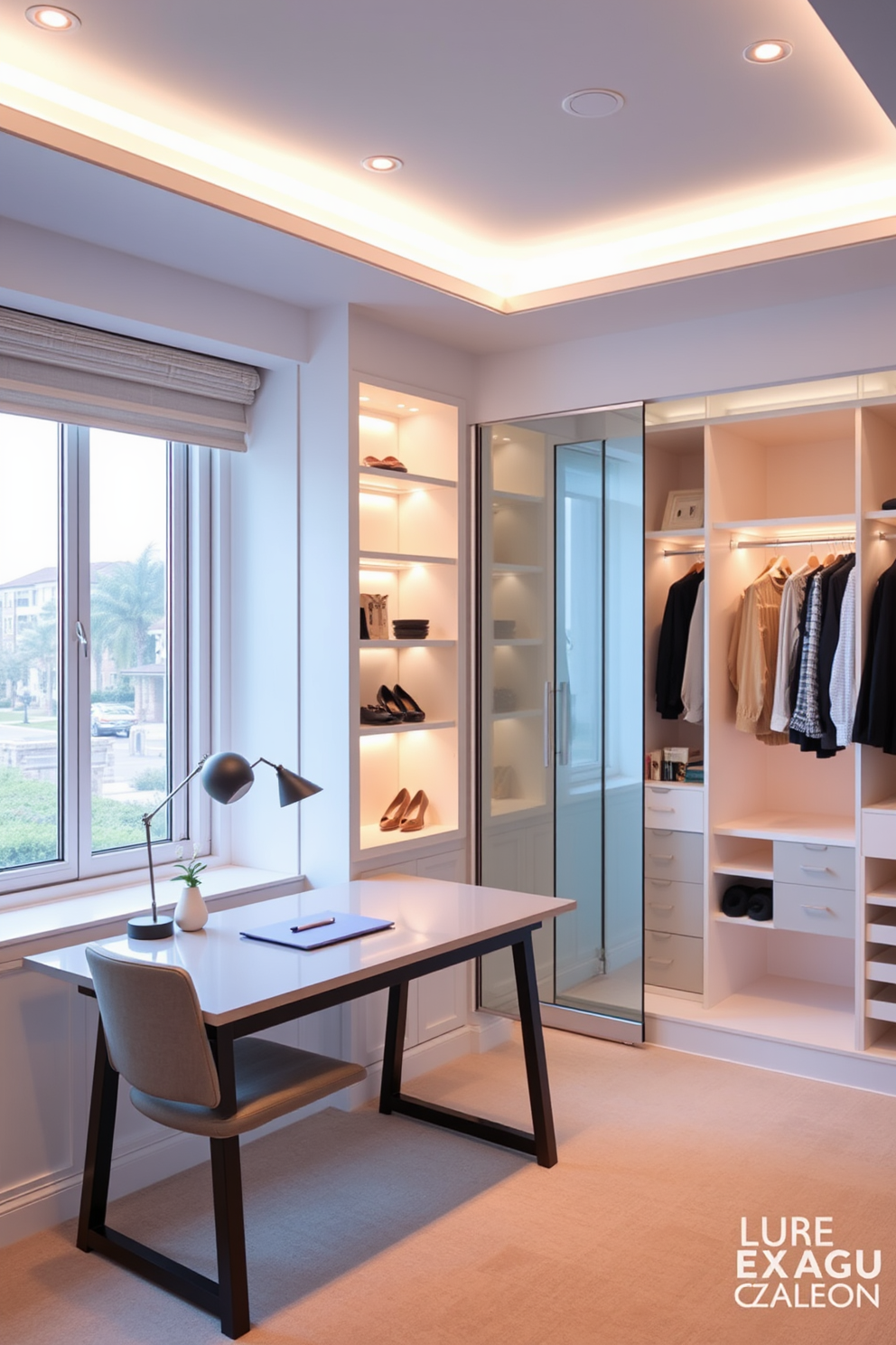 A bright and airy workspace features built-in lighting that illuminates the room evenly. The desk is positioned near a large window, allowing natural light to complement the soft glow of the recessed lights above. The walk-in closet design showcases an organized layout with custom shelving and ample hanging space. Soft LED lighting highlights the elegant finishes and creates a welcoming atmosphere for selecting outfits.