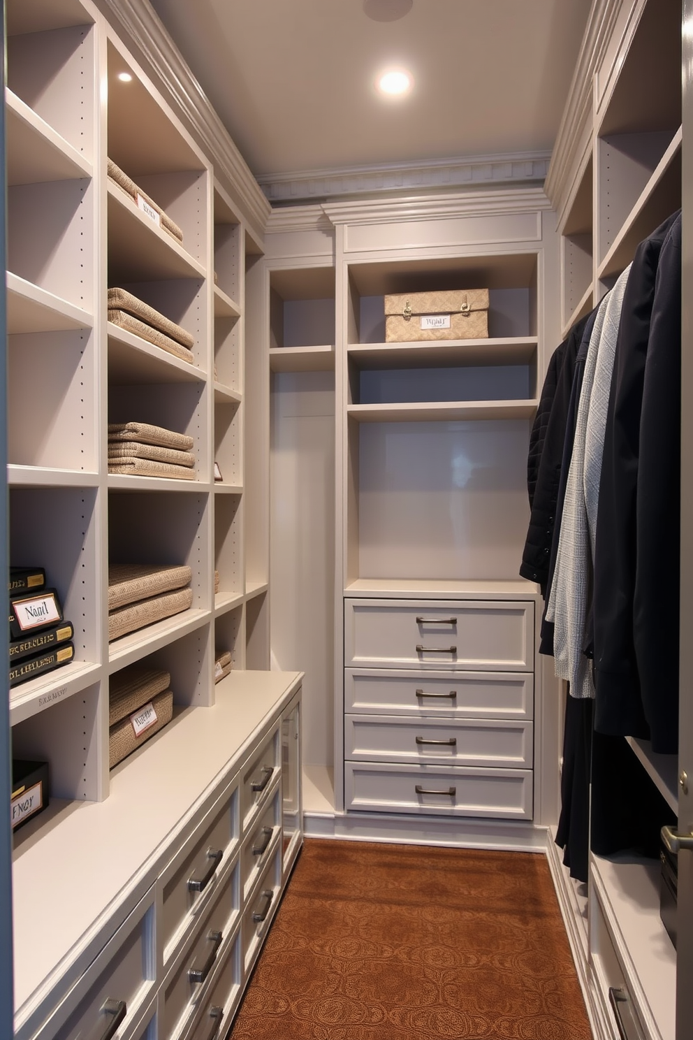 A luxurious walk-in closet featuring personalized labels for organized sections. The space includes custom-built shelves and drawers, elegantly arranged to maximize storage while maintaining a sophisticated aesthetic.