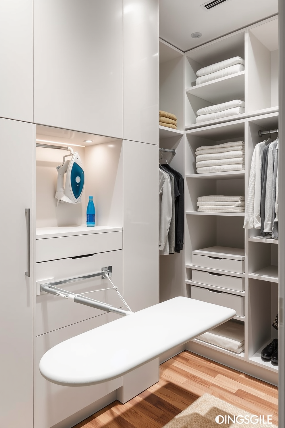 A foldable ironing board is elegantly integrated into a sleek cabinetry design. Its minimalist appearance complements the overall aesthetic while providing practical functionality. The walk-in closet features custom shelving and hanging spaces to maximize storage. Soft lighting highlights the luxurious finishes and creates an inviting atmosphere for organization.