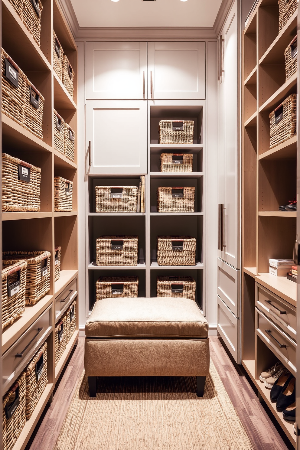 Decorative baskets made of natural fibers are arranged neatly on shelves within a stylish walk-in closet. Each basket is labeled for easy organization, adding both functionality and a touch of warmth to the space. The walk-in closet features custom cabinetry with ample storage for shoes and accessories. Soft lighting illuminates the area, highlighting a plush ottoman placed in the center for a comfortable dressing experience.