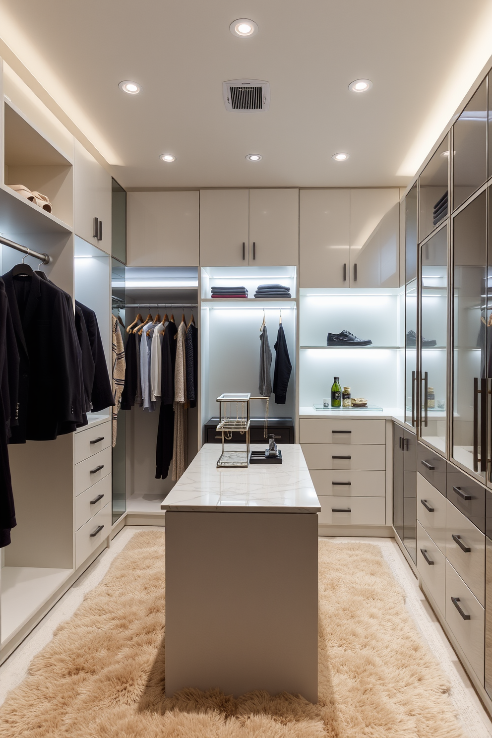 A modern walk-in closet featuring smart technology for automated lighting. The space is designed with sleek cabinetry and open shelving, illuminated by adjustable LED lights that respond to motion. The closet includes a central island with a marble top for accessories and jewelry display. Soft, neutral colors enhance the spacious feel, while a plush area rug adds comfort underfoot.