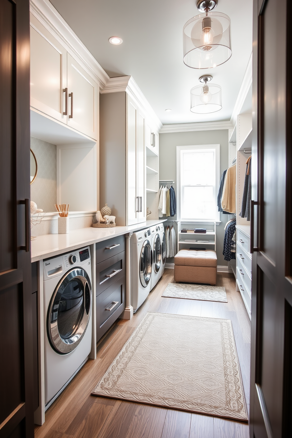 A stylish laundry area features a sleek built-in laundry hamper seamlessly integrated into the cabinetry for convenience. The space is brightened by natural light streaming through a window, with soft gray walls and a chic patterned rug underfoot. The walk-in closet is designed with custom shelving and hanging space to maximize organization. Elegant lighting fixtures illuminate the area, while a plush ottoman provides a comfortable spot for dressing.