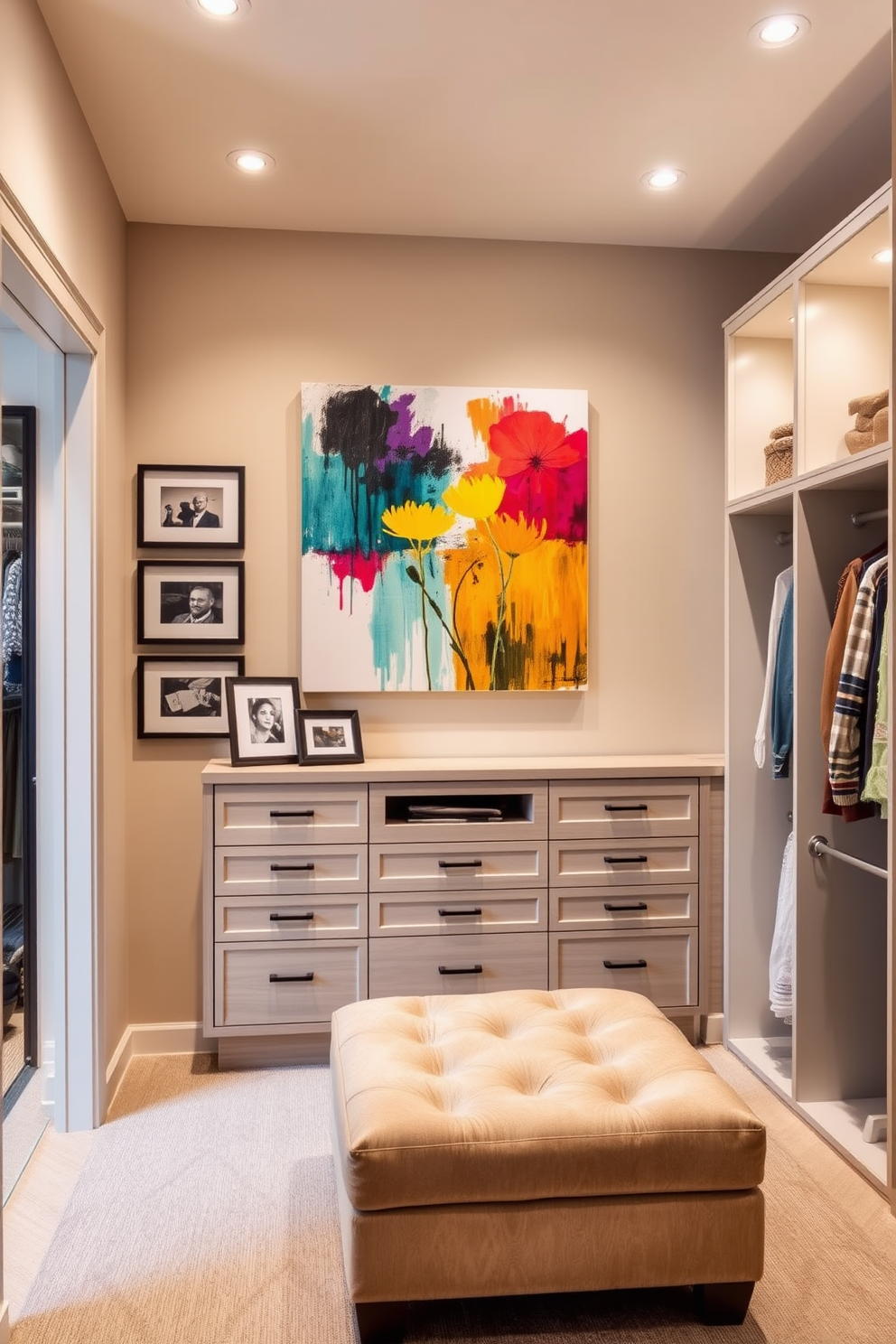 Artistic wall art to personalize space. A large canvas painting with vibrant colors hangs prominently on the wall, complemented by smaller framed artworks arranged in a gallery style around it. Walk-In-Closet Design Ideas. The closet features custom shelving and hanging spaces, with a plush ottoman in the center for convenience, illuminated by soft recessed lighting that enhances the luxurious feel.