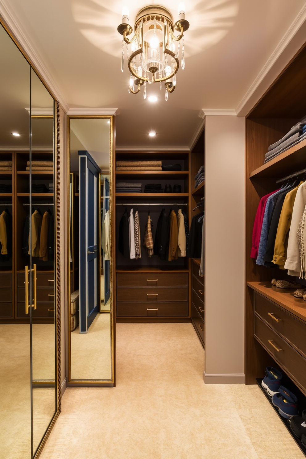 A luxurious walk-in closet featuring framed mirrors strategically placed to enhance depth and space. The closet is designed with custom shelving and hanging areas, complemented by elegant lighting fixtures to create an inviting atmosphere.