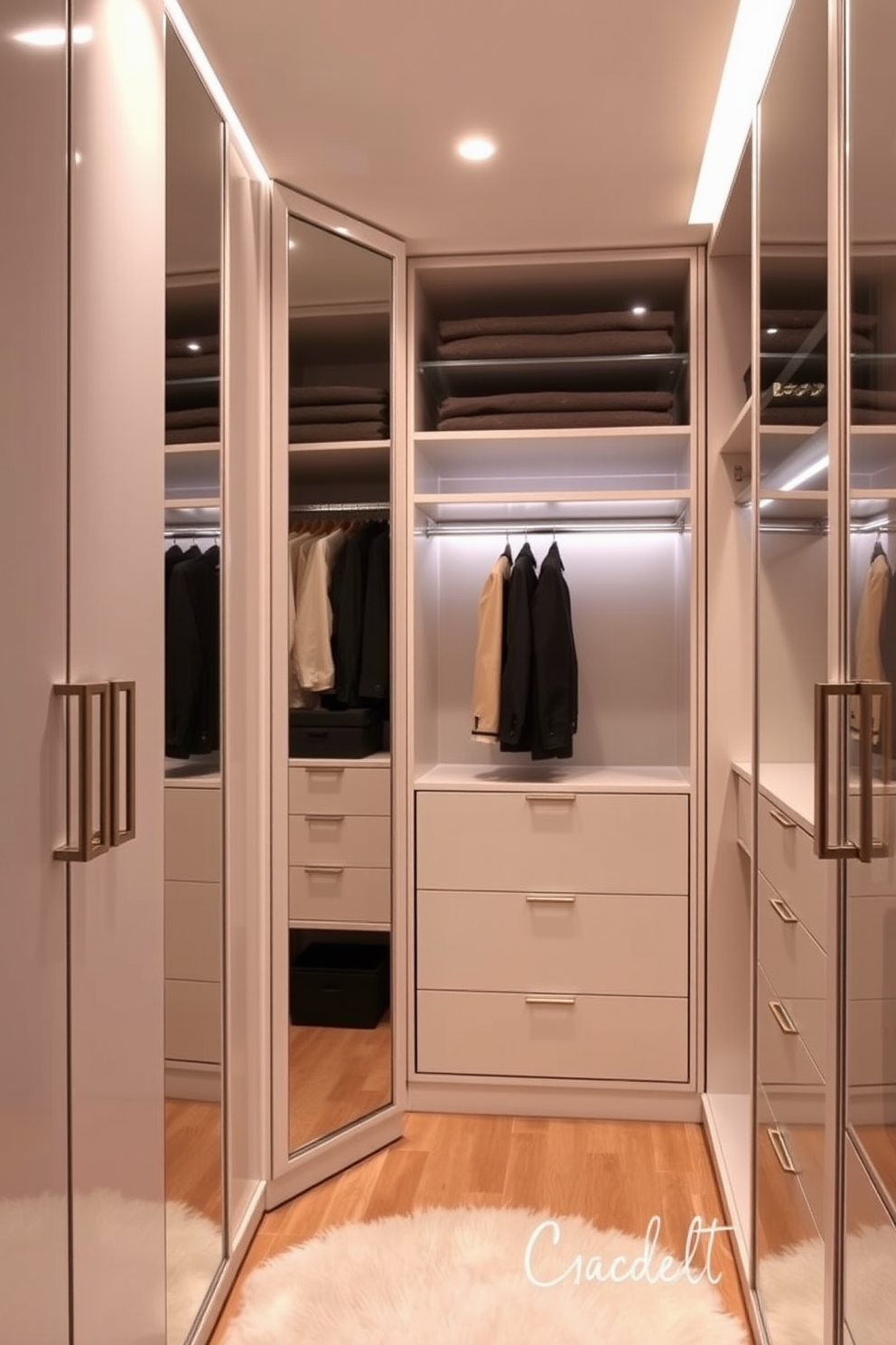 A walk-in closet featuring mirrored doors that reflect light and create a sense of spaciousness. The design includes custom shelving and hanging rods in a sleek, modern finish to enhance organization and style. Soft ambient lighting illuminates the space, highlighting the elegant details of the cabinetry. A plush area rug adds warmth and comfort underfoot, making the closet a luxurious retreat.