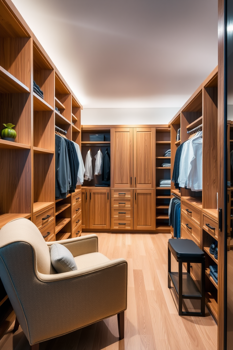 A walk-in closet featuring natural wood finishes creates a warm and inviting atmosphere. The space is designed with custom shelving and hanging rods, complemented by soft lighting that highlights the rich textures of the wood. Incorporate a cozy seating area with a plush chair and a small side table for added comfort. The flooring is a light-colored hardwood, enhancing the overall warmth and elegance of the closet design.