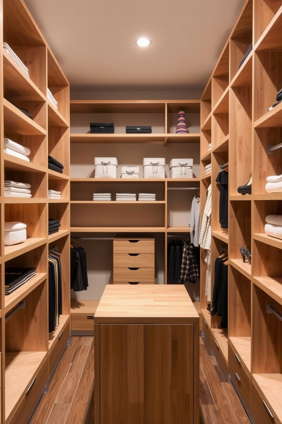 Open shelving designed for easy access to everyday items. The shelves are made of light wood and are arranged in a staggered pattern, creating an inviting and organized look. The walk-in closet features ample space with a central island for accessories. Shelving units and hanging rods are strategically placed to maximize storage and maintain a stylish appearance.