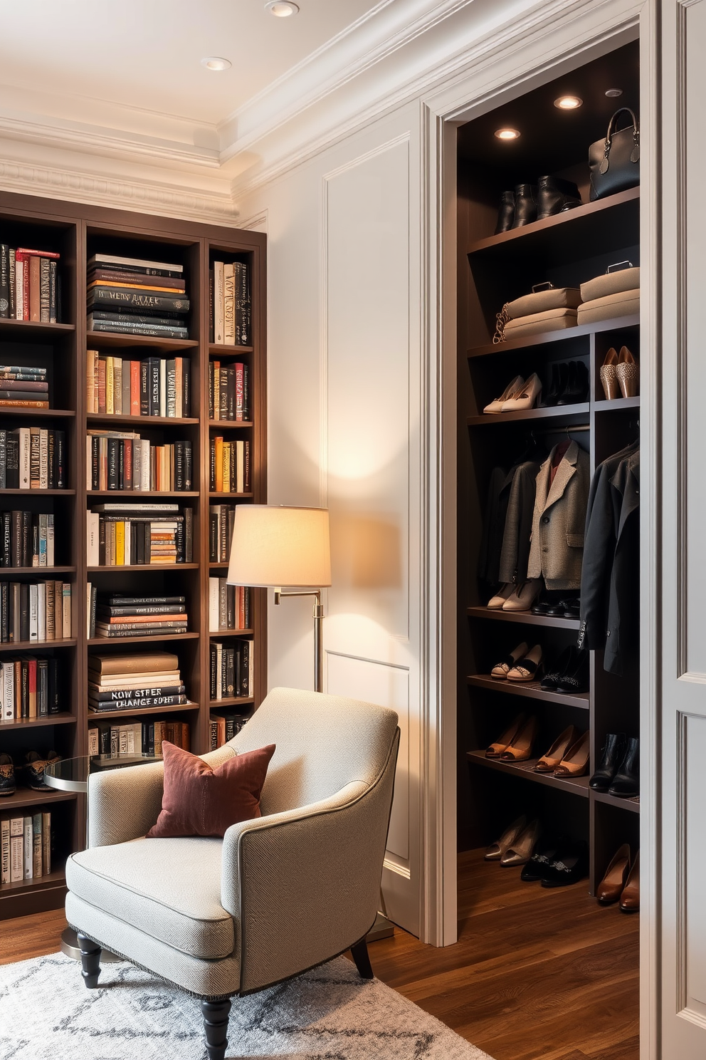 A corner nook designed for a cozy reading spot features a plush armchair upholstered in soft fabric, positioned next to a small round side table. A tall bookshelf filled with an array of books lines the wall, while a warm floor lamp casts a gentle glow over the area. The walk-in closet design incorporates elegant built-in shelving and hanging spaces, maximizing storage while maintaining a sleek look. Soft lighting highlights the stylish accessories and neatly organized shoes, creating an inviting atmosphere for selecting outfits.