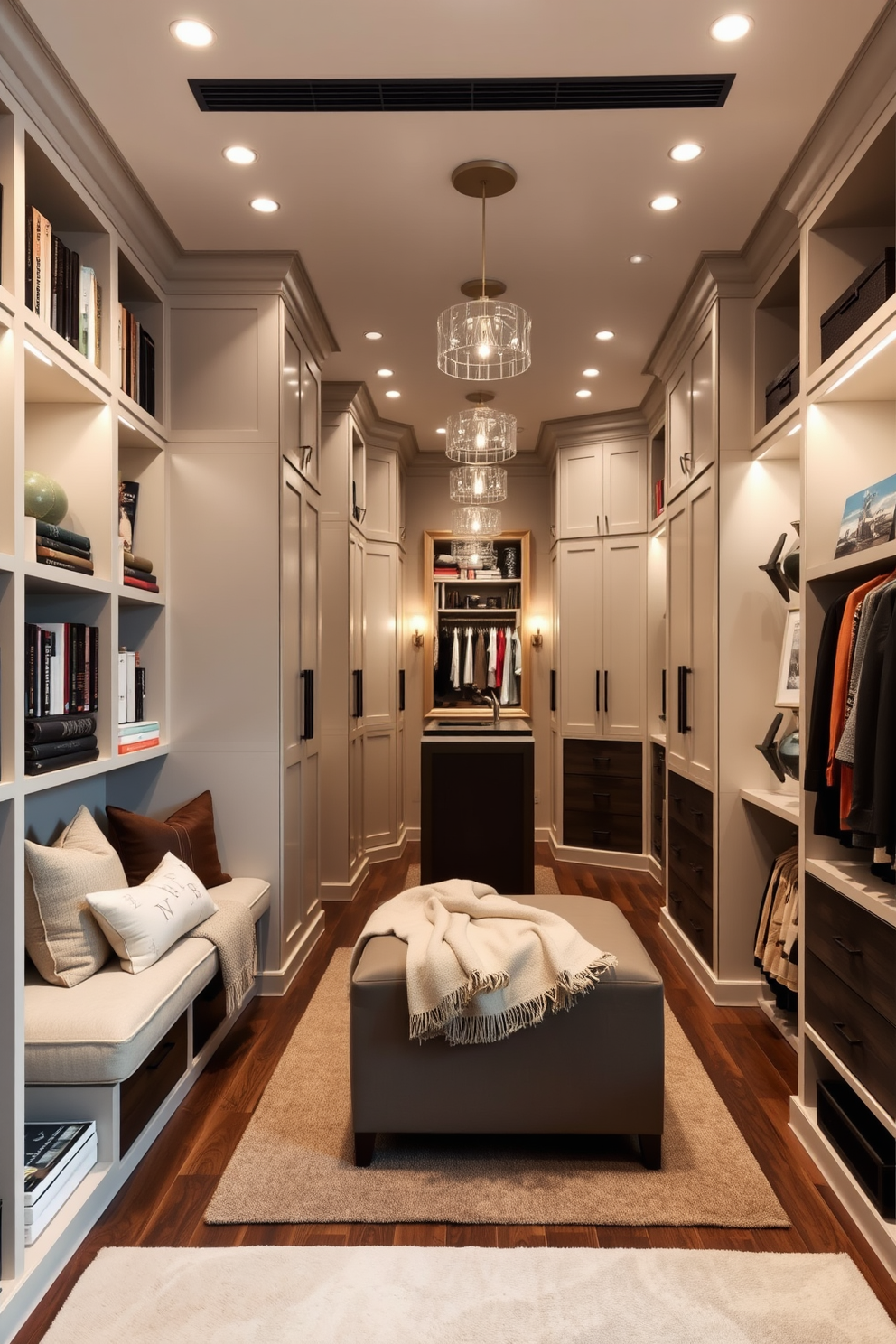 A cozy nook with built-in seating that features plush cushions and a soft throw blanket. The surrounding walls are adorned with shelves filled with books and decorative items, creating an inviting atmosphere. A spacious walk-in closet with custom cabinetry and ample storage solutions. The design includes a central island for accessories and a full-length mirror, illuminated by elegant lighting fixtures.