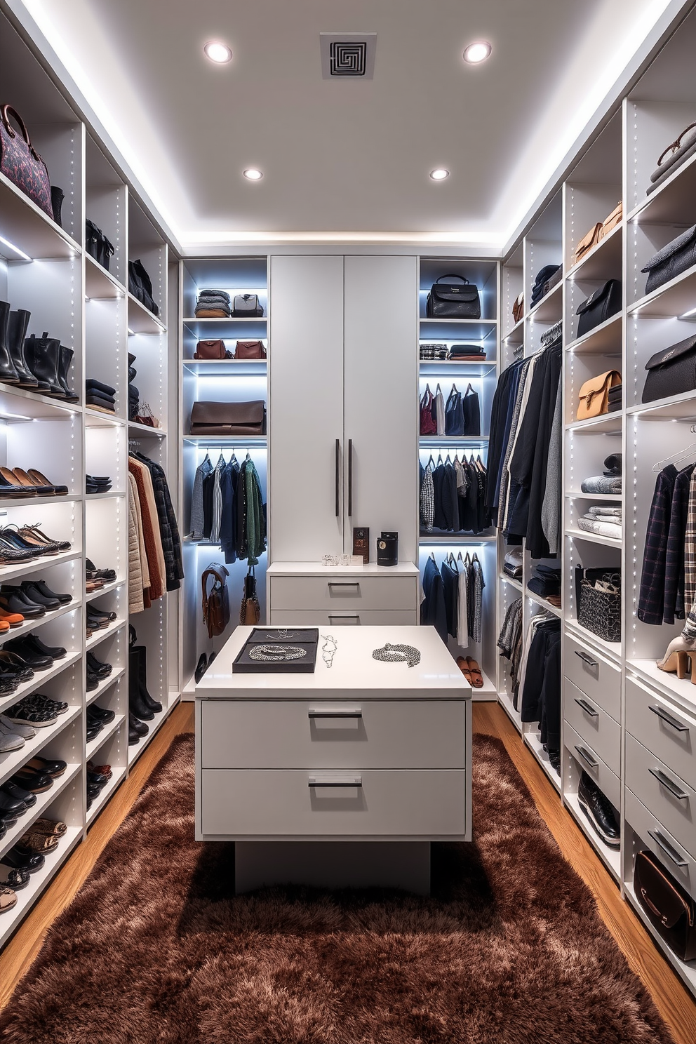 A contemporary walk-in closet featuring vertical storage solutions to maximize space efficiency. The design includes tall shelving units that reach the ceiling, allowing for organized storage of shoes, bags, and accessories. Soft LED lighting highlights the neatly arranged items while a plush area rug adds warmth to the space. A central island with drawers provides additional storage and a dedicated area for folding clothes and displaying jewelry.