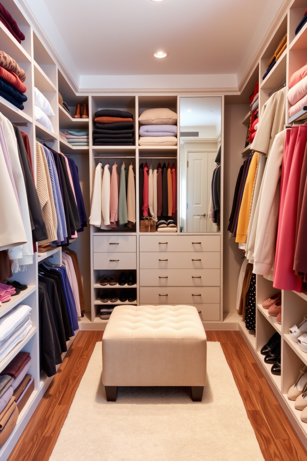 A walk-in closet featuring a well-organized layout with color-coordinated clothing arranged by hue. The shelves are filled with neatly folded sweaters and stacked shoes, while a full-length mirror reflects the elegant design. Soft lighting enhances the atmosphere, creating a warm and inviting space. A plush ottoman sits in the center, providing a comfortable spot to sit while choosing outfits.