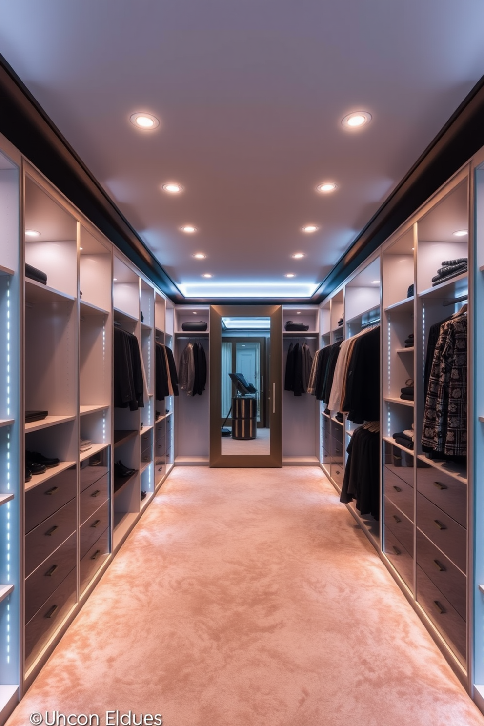 A stylish walk-in closet featuring recessed lighting that creates a sleek and modern ambiance. The walls are lined with elegant shelving, and the floor is covered in soft, plush carpeting. The recessed lights are strategically placed to highlight the clothing and accessories displayed. A large mirror is positioned at the end of the closet, reflecting the soft glow of the lighting and enhancing the overall spacious feel.