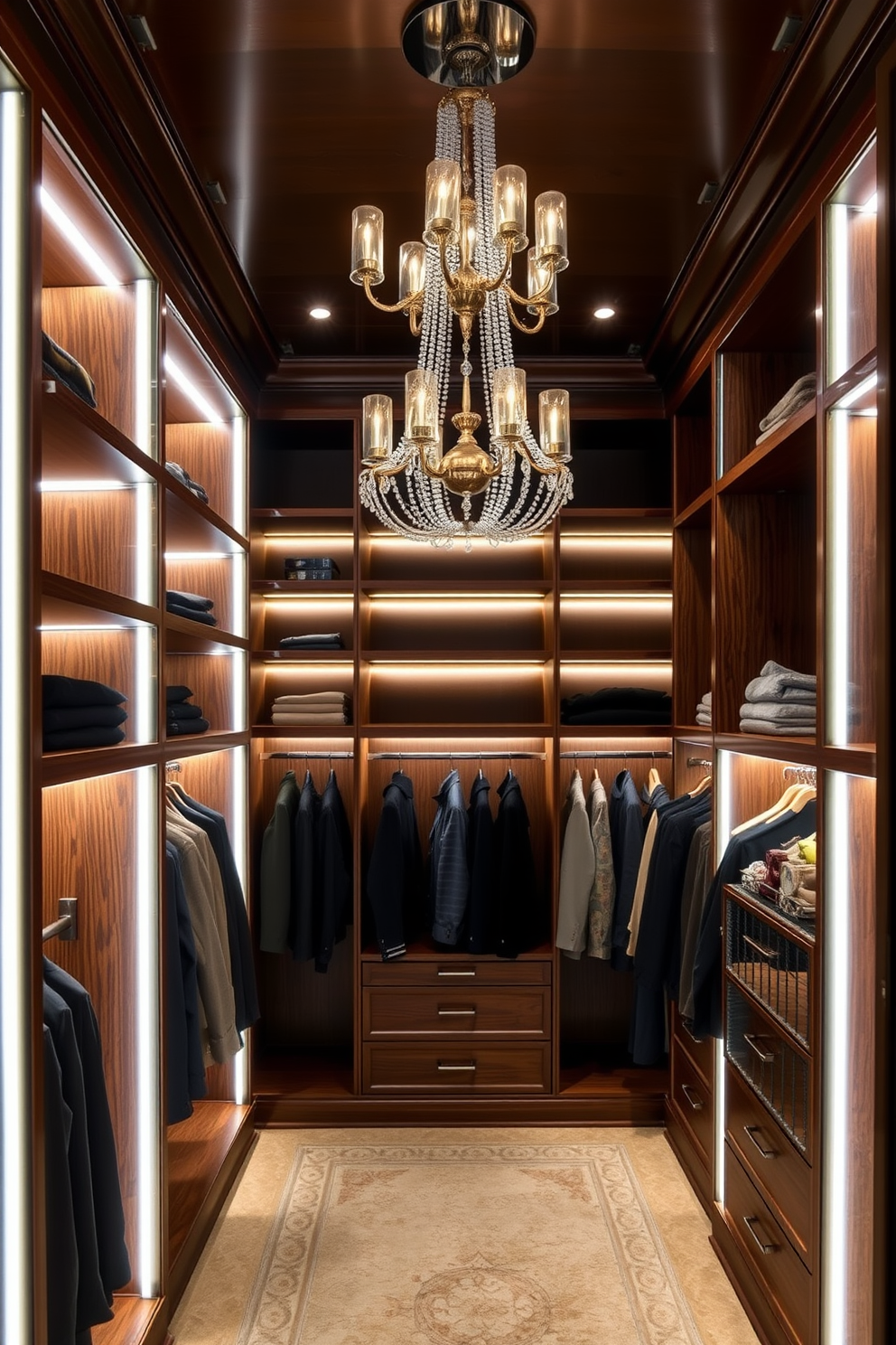 A luxurious walk-in closet featuring dimmable lights that allow for customizable ambiance. The space is designed with elegant shelving and hanging areas, creating a sophisticated and functional environment. Soft LED strips line the shelves, providing a warm glow that enhances the rich wood finishes. A stylish chandelier hangs from the ceiling, adding a touch of glamour while offering adjustable brightness for different moods.