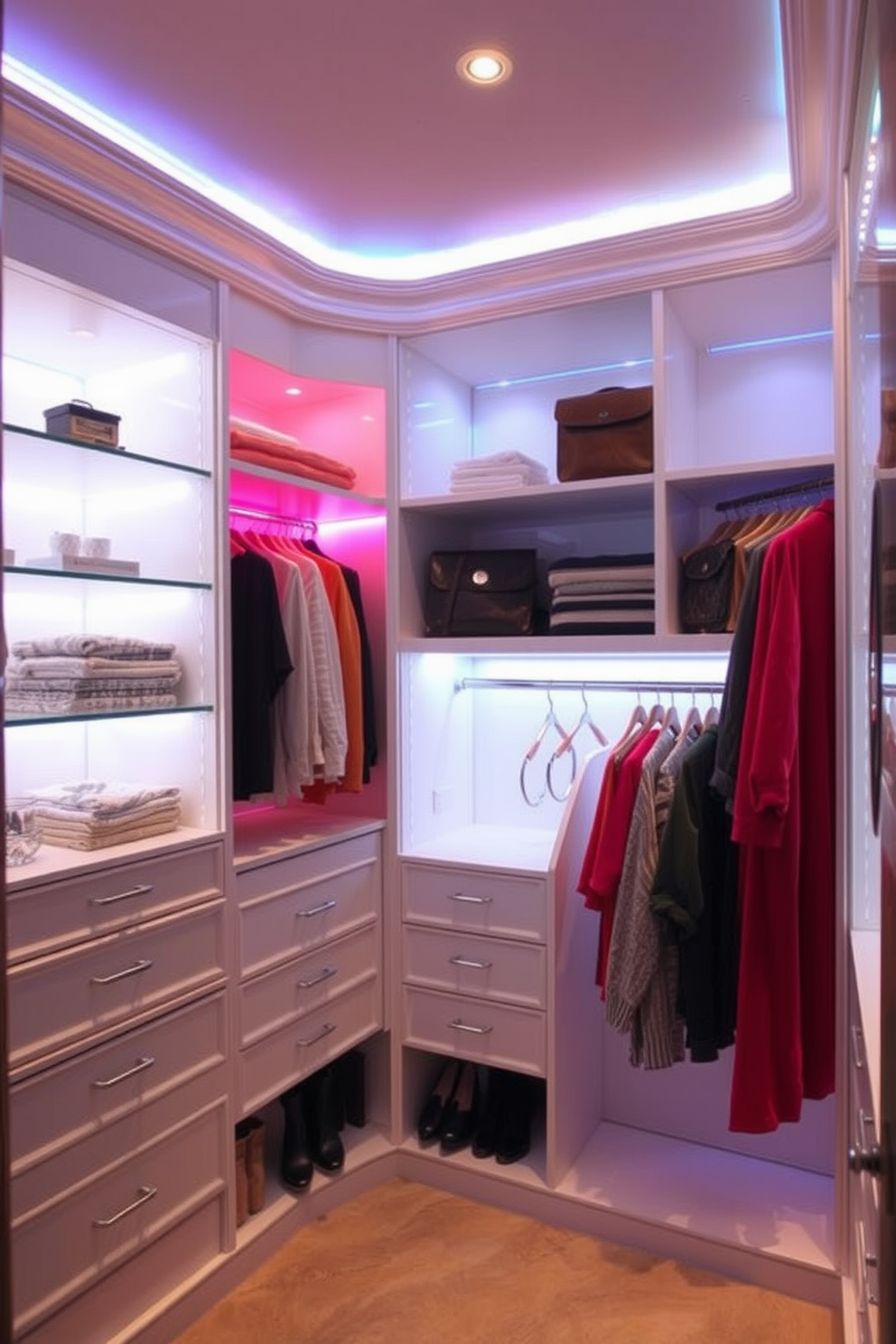 A luxurious walk-in closet featuring color-changing LED lights that create an inviting atmosphere. The soft glow of the LEDs highlights the elegant shelving and hanging spaces, allowing for mood variation throughout the day. Incorporate adjustable lighting options to enhance visibility while maintaining a cozy feel. The design includes strategically placed spotlights to illuminate key areas, ensuring that every outfit is showcased beautifully.